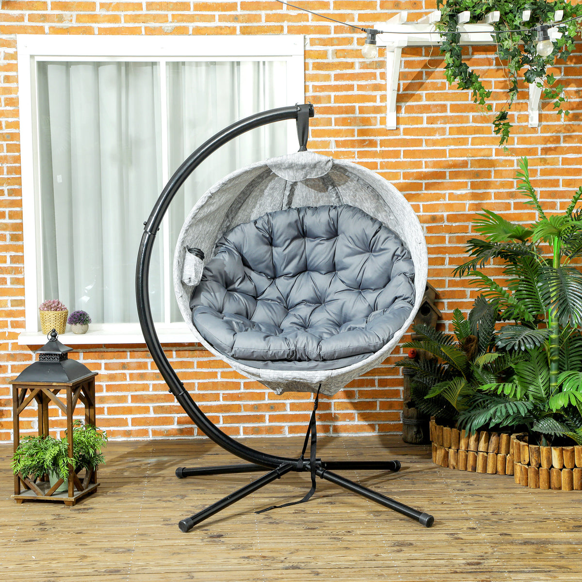 Hanging Egg Chair with Stand and Thick Cushions - Grey