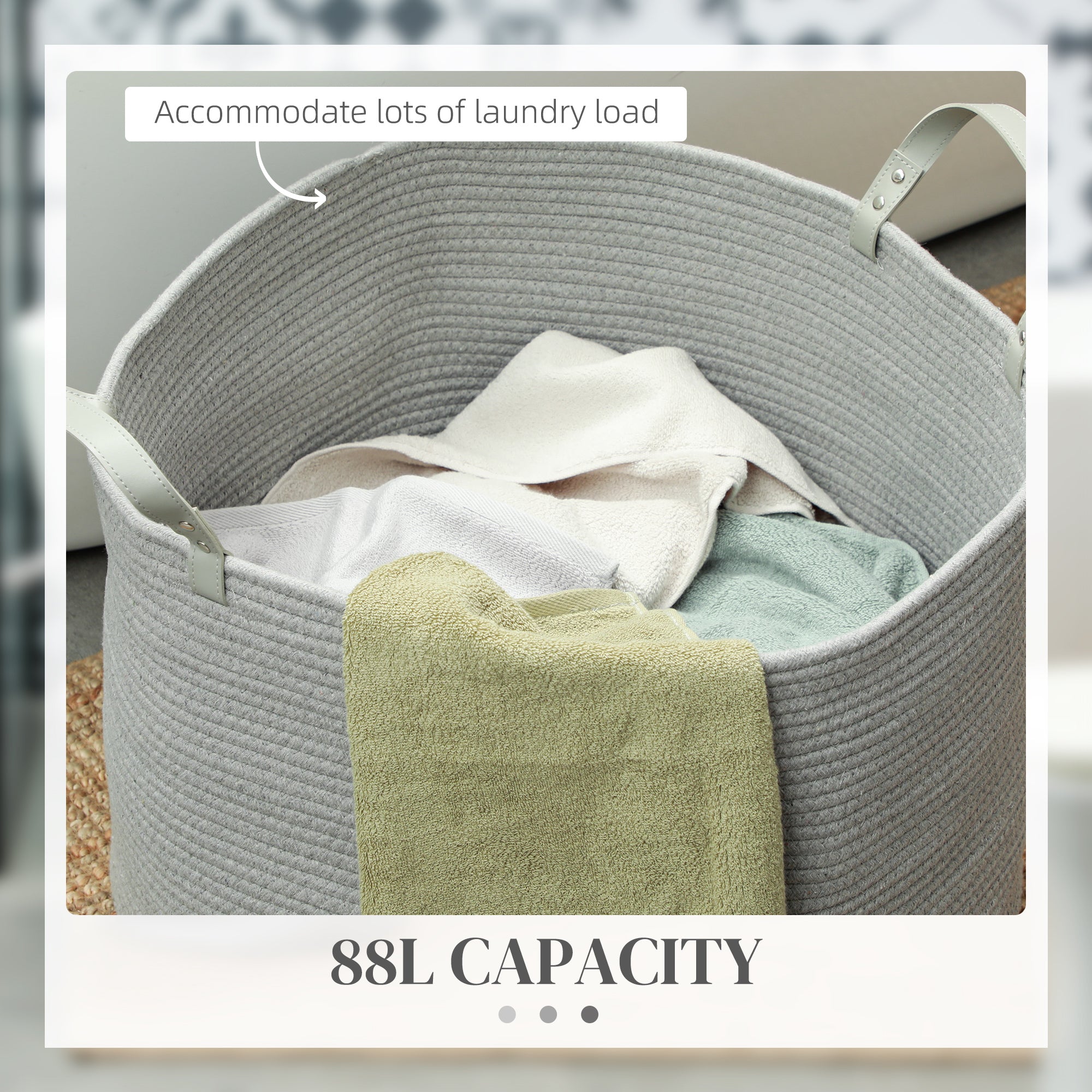 88L Cotton Rope Laundry Basket, with Handles - Grey