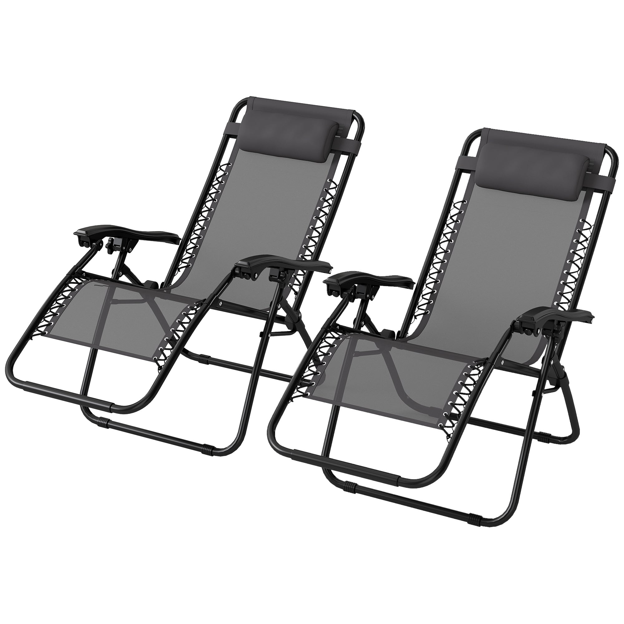Zero Gravity Chair Set of 2, Metal Frame Texteline Armchair Outdoor Folding and Reclining Sun Lounger with Head Pillow for Patio Decking Gardens Camping, Grey