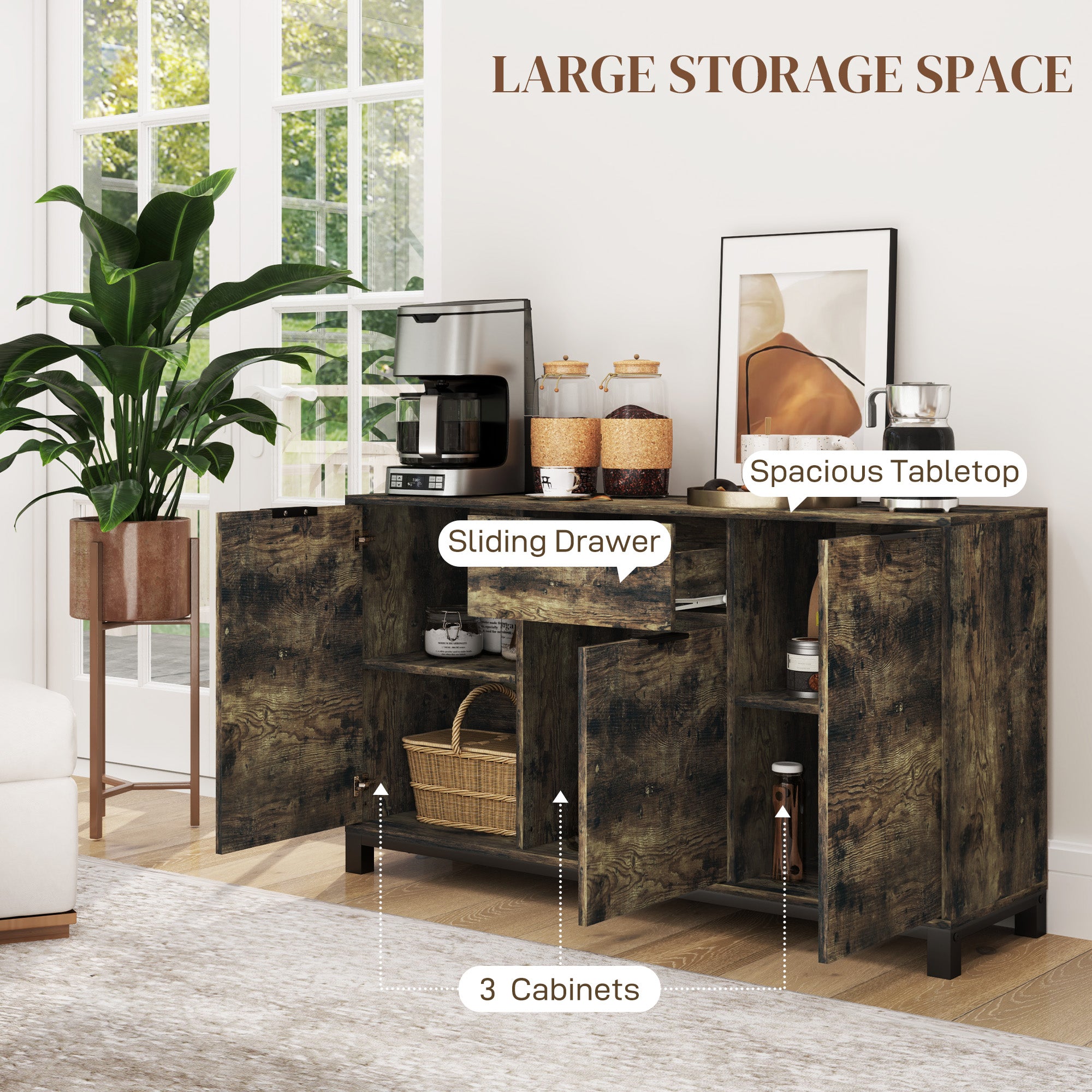 Sideboard, Industrial Storage Cabinet with Doors, Drawer, Cupboard and Adjustable Shelves for Living Room, Dining Room, Hallway, Rustic Brown