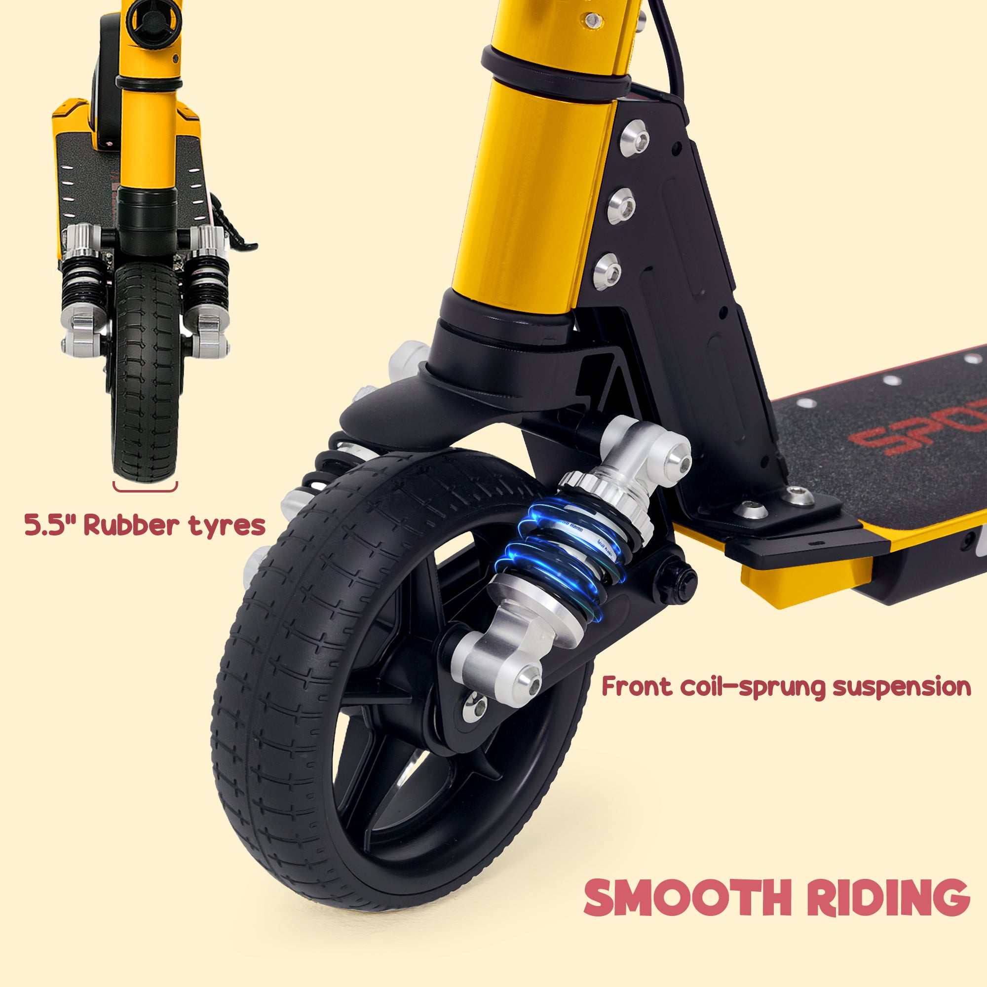 Folding Electric Scooter for Kids 6-14 with Dual Brakes, Front Suspension, LED Lights & Display - Gold Tone