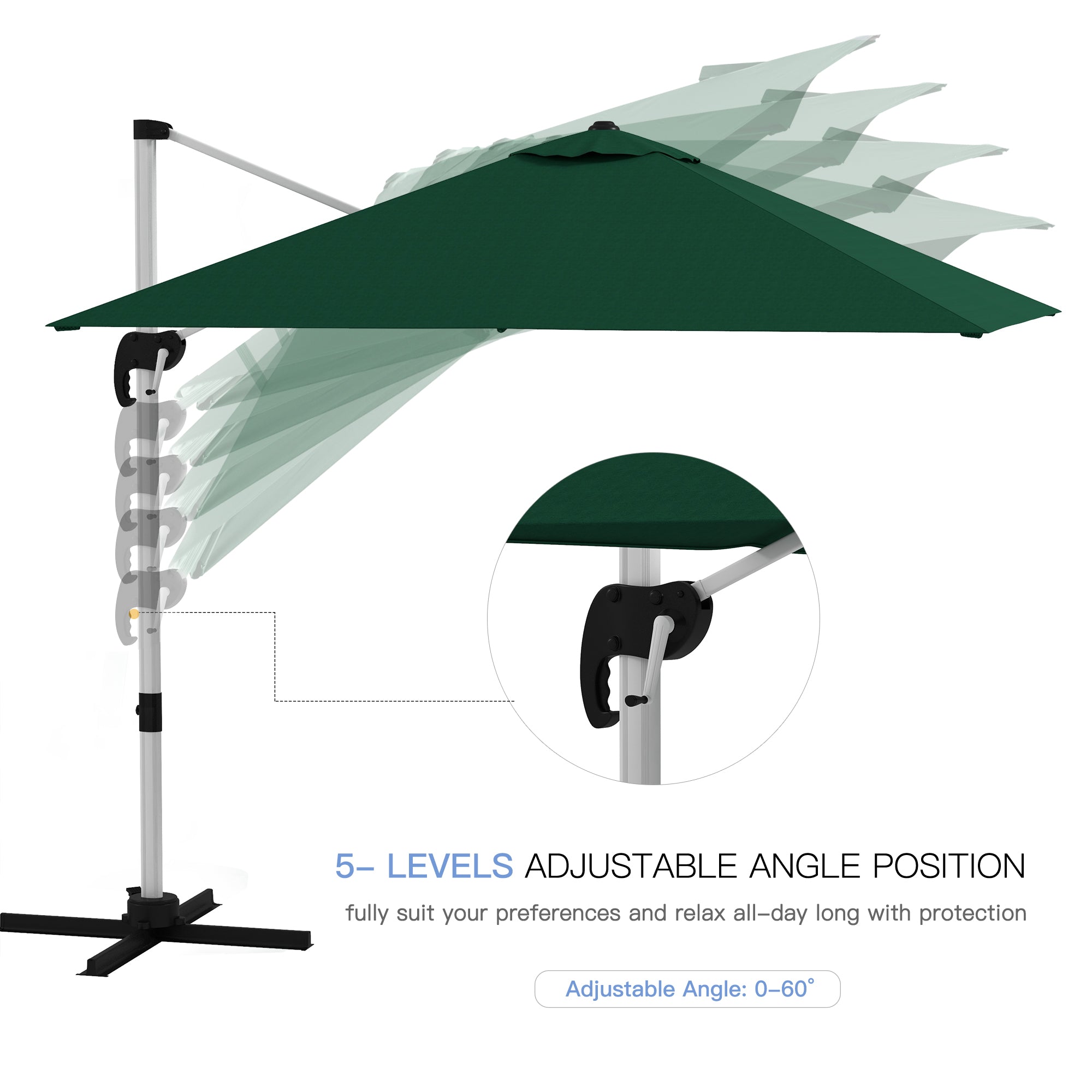 Square Cantilever Garden Parasol, with Five-Position Canopy - Green