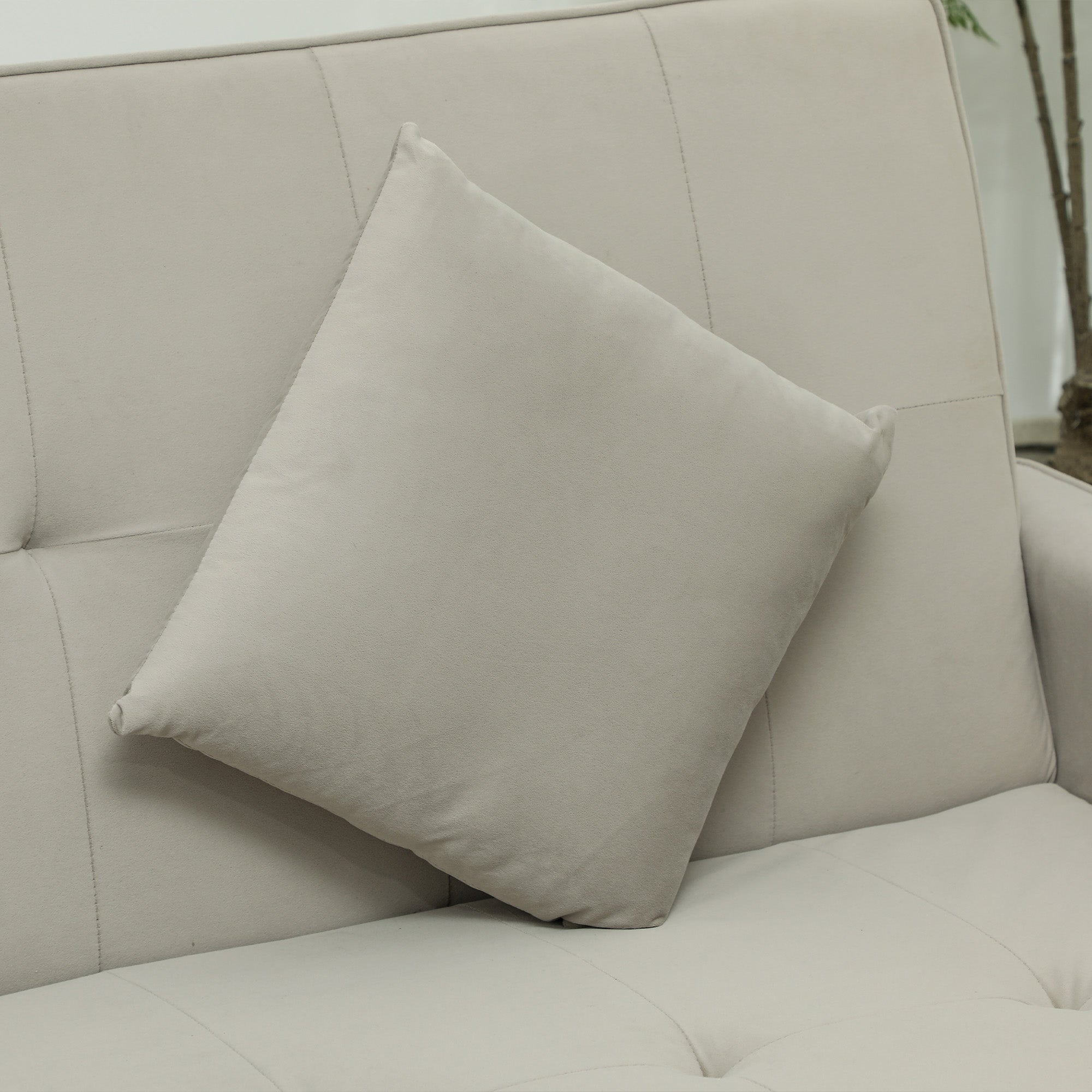 Three-Person Velvet-Feel Sofa Bed with Adjustable Backrest - Beige