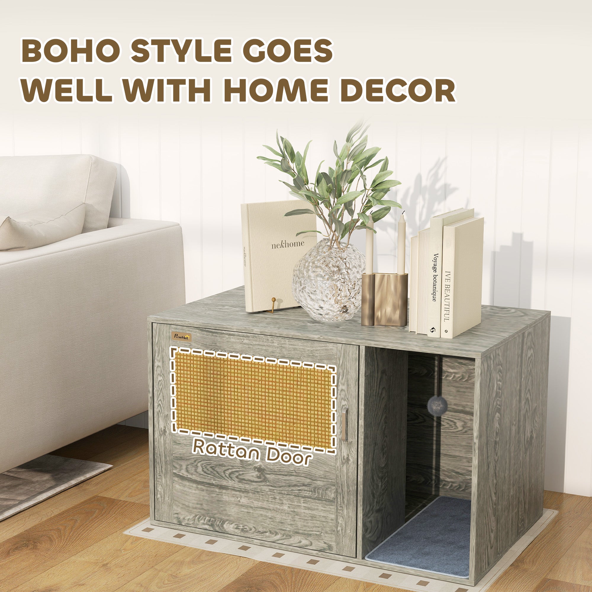 Boho Style Cat Litter Box Enclosure with Rattan Door, Scratching Mat, Toy Ball, Non-slip Foot Pads, 80 x 50 x 50cm, Grey