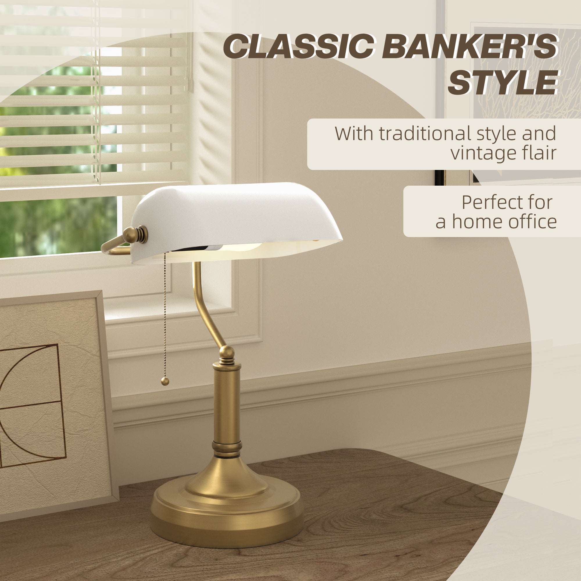 Banker's Desk Lamp with Antique Bronze Tone Base, Table Lamp with White Glass Shade for Home Office, White