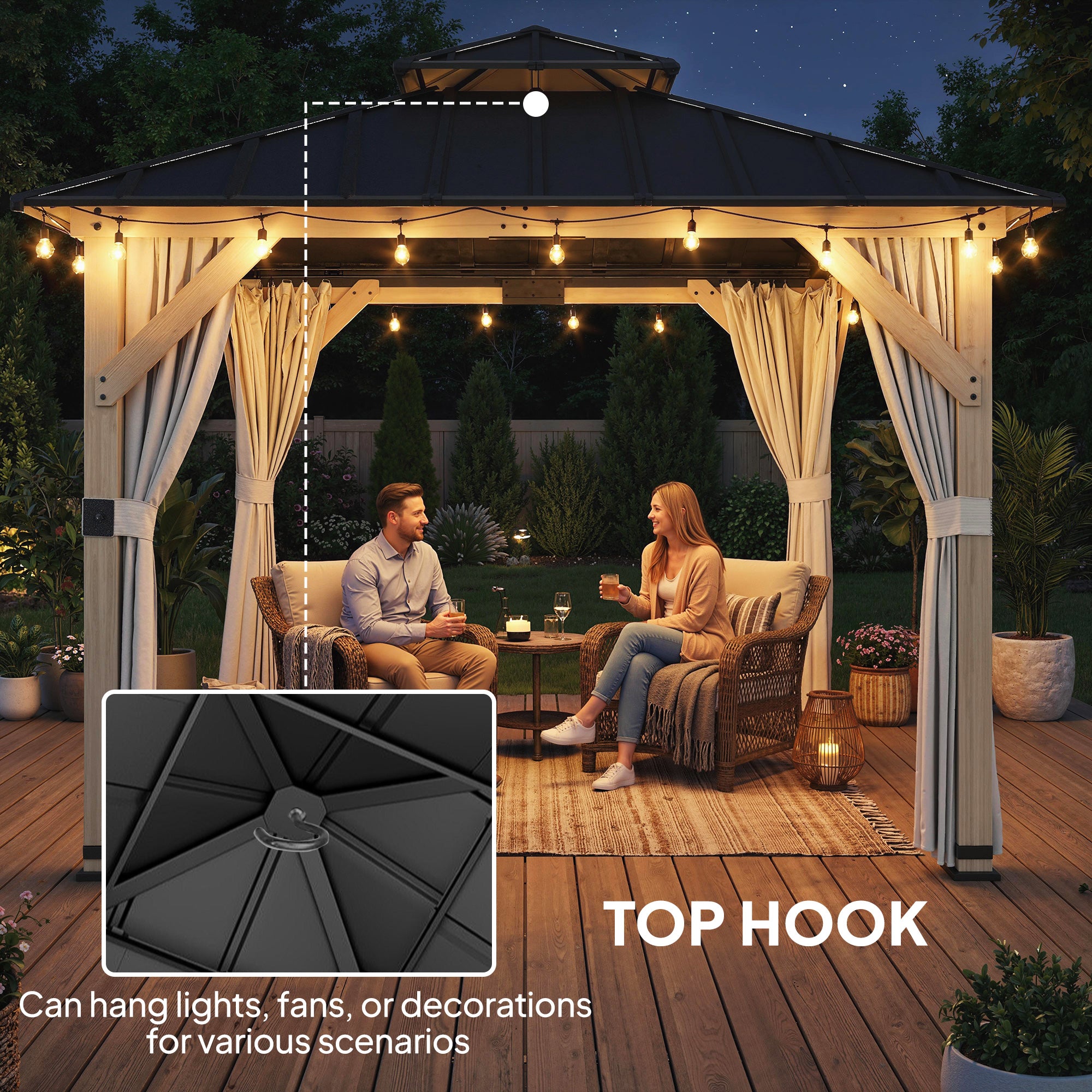 3 x 3 m Outdoor Hardtop Gazebo Canopy with 2-Tier Steel Roof, Wood Garden Gazebo with Curtains, Light Grey