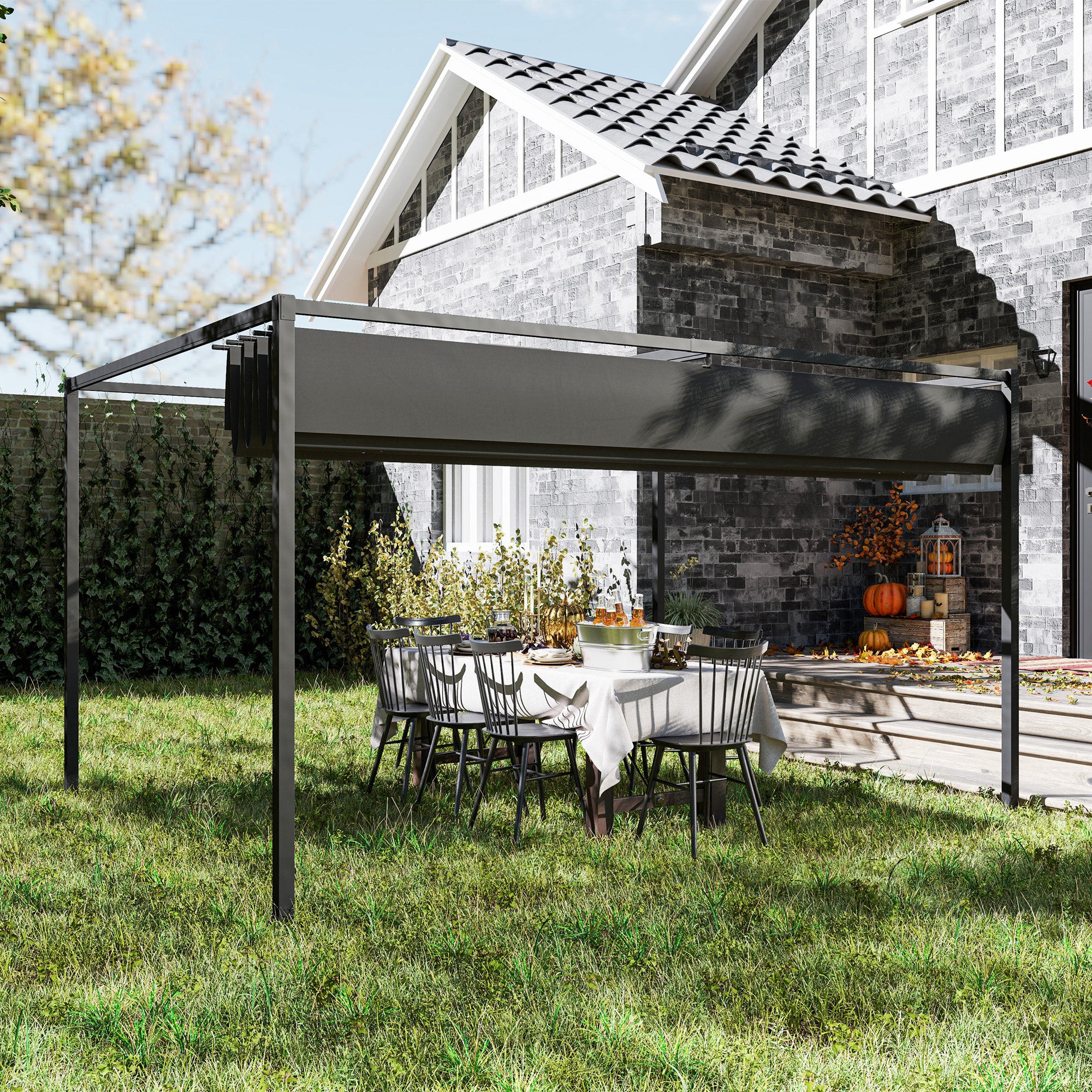 4 x 3m Metal Pergola, with Retractable Canopy Roof - Black