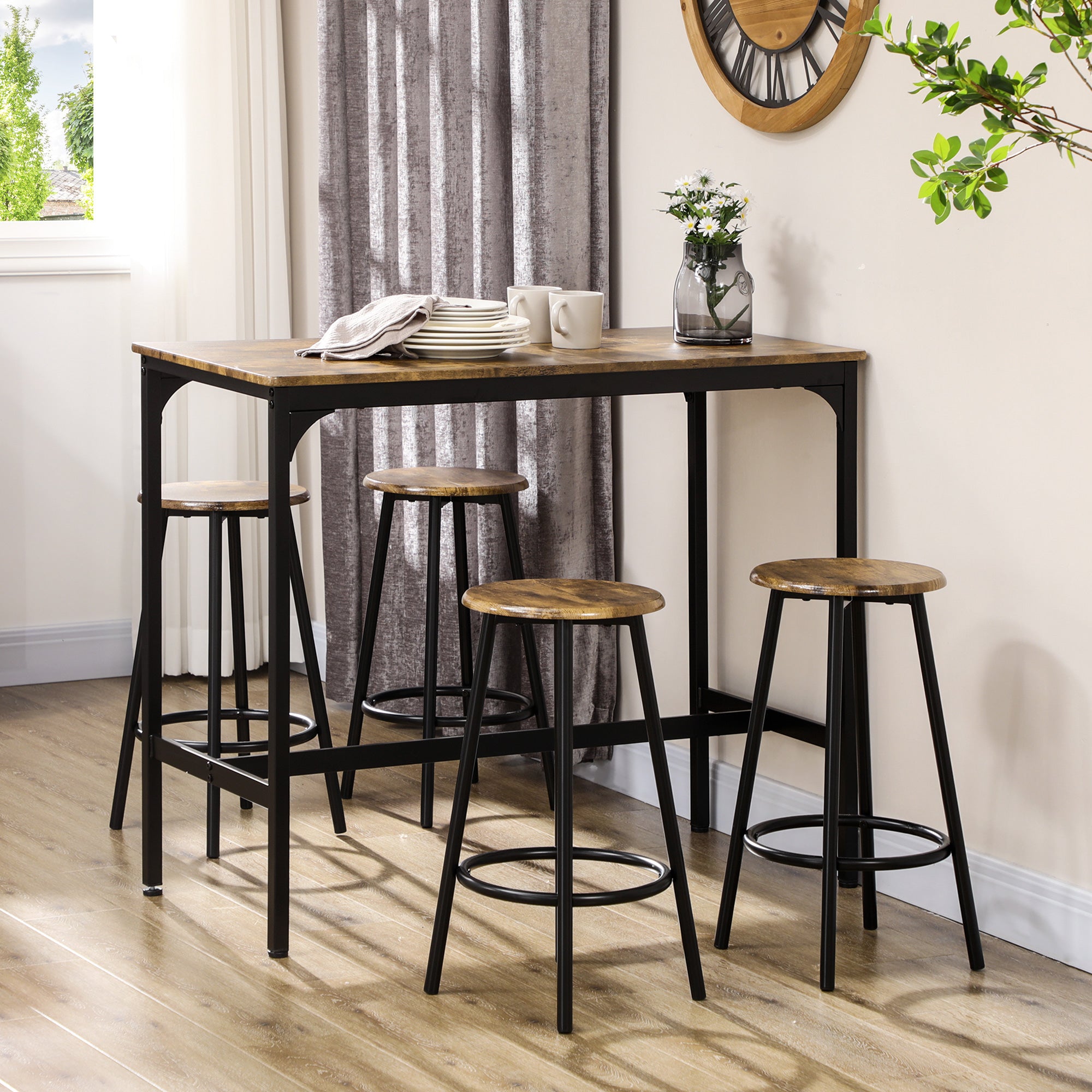 Five-Piece Industrial-Style Bar Table Set - Brown/Black