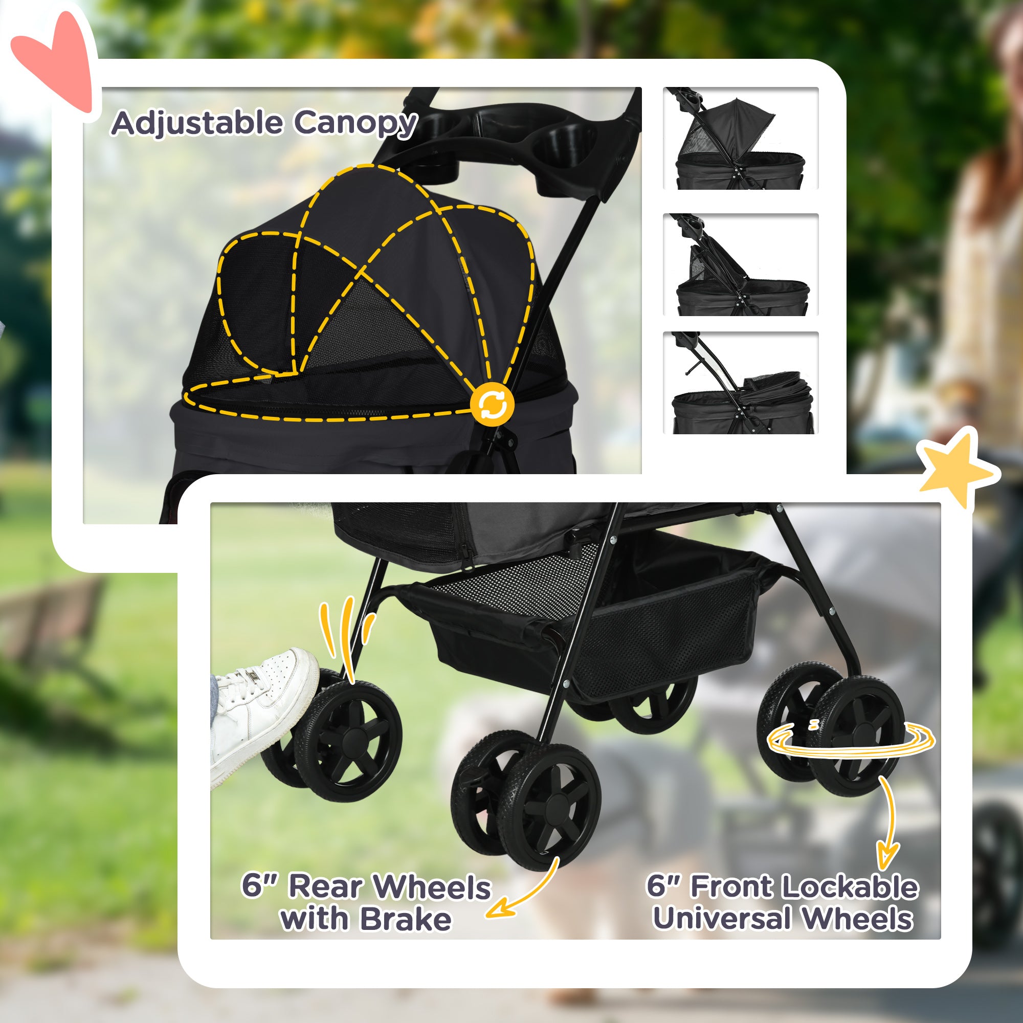 Dog Pram Dog Stroller Foldable Pet Pushchair with 4 Wheels, Safety Leashes, Cup Holder for Small Dogs, Black