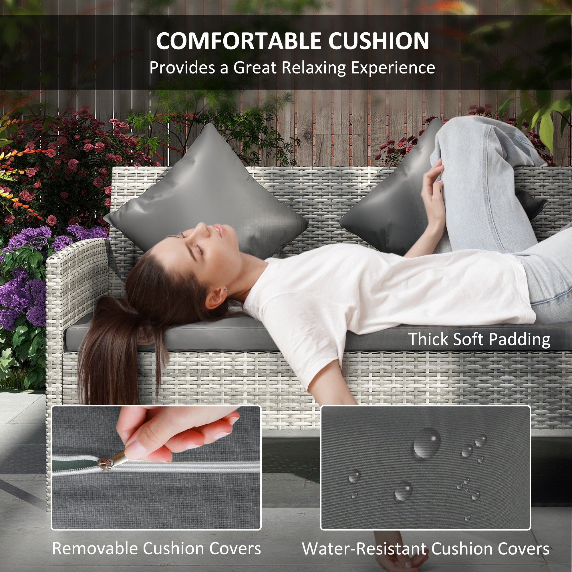 tsunny 6-Seater Rattan Dining Set Sofa Table Footstool Outdoor w/ Cushion Garden Furniture, Dark Grey