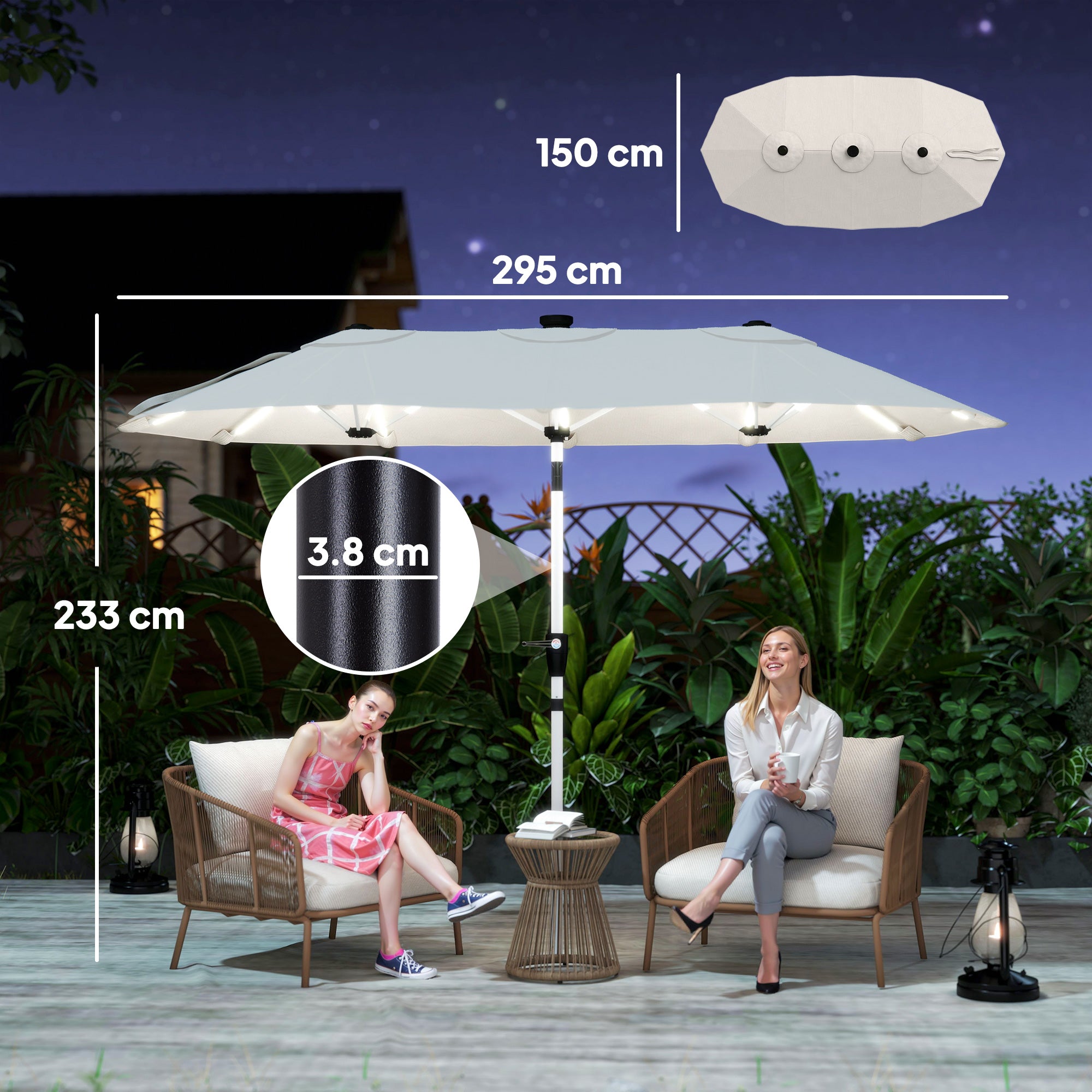 3 m Double-Sided Garden Parasol with LED Solar Lights, Outdoor Extra Large Sun Umbrella with Crank Handle, Cream White