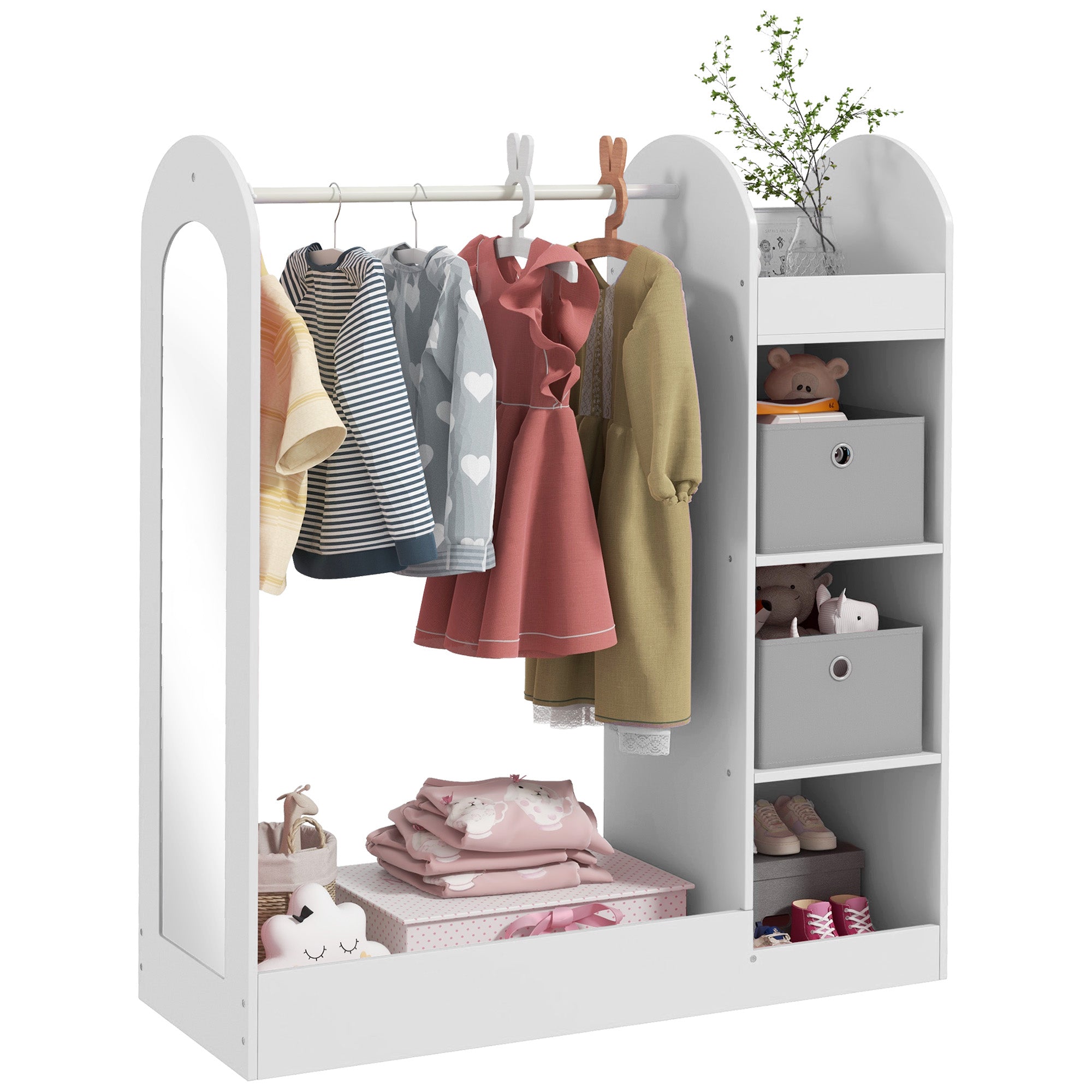 Kids Clothes Rail with Storage Shelf, Boxes, Mirror for Bedroom, Nursery, White