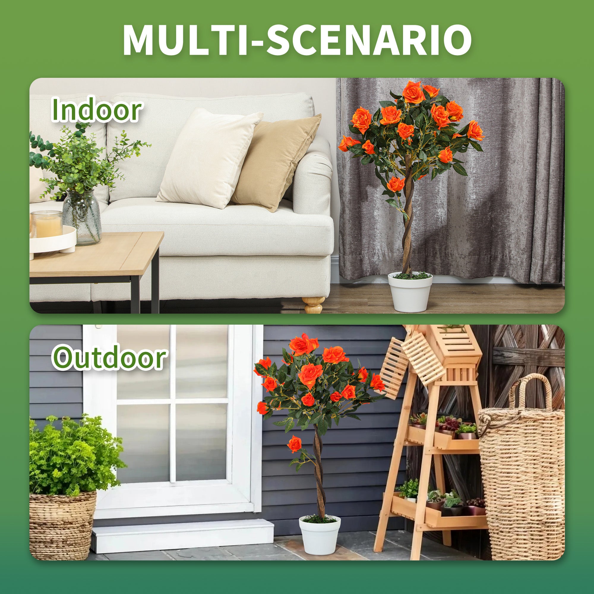 Set of 2 Artificial Plants White Rose Floral in Pot, Fake Plants for Home Indoor Outdoor Decor, 90cm, Orange