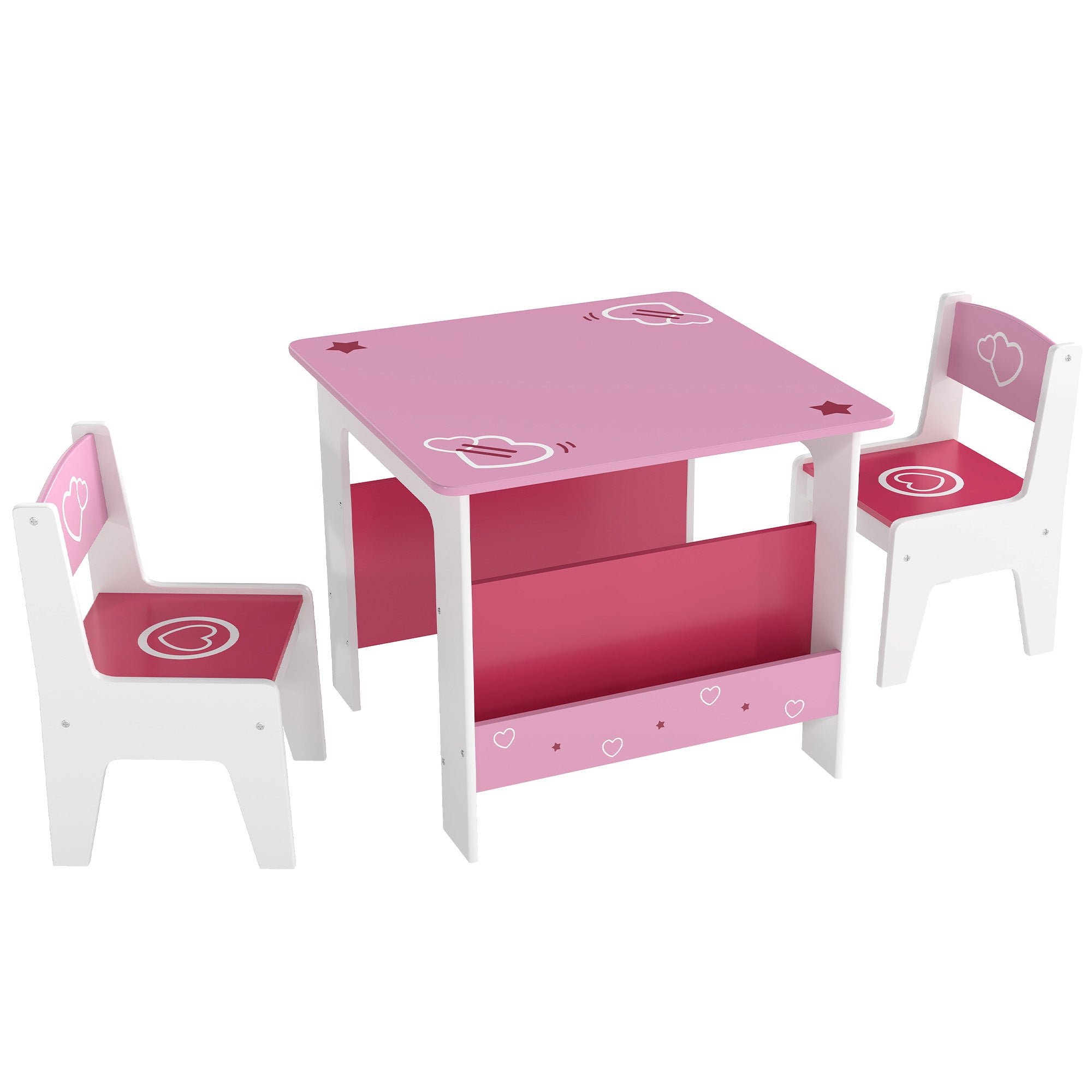 3 Pieces Kids Table and Chair Set, Toddler Activity Table with Bookshelves, for Living Room, Nursery, Playroom, Pink