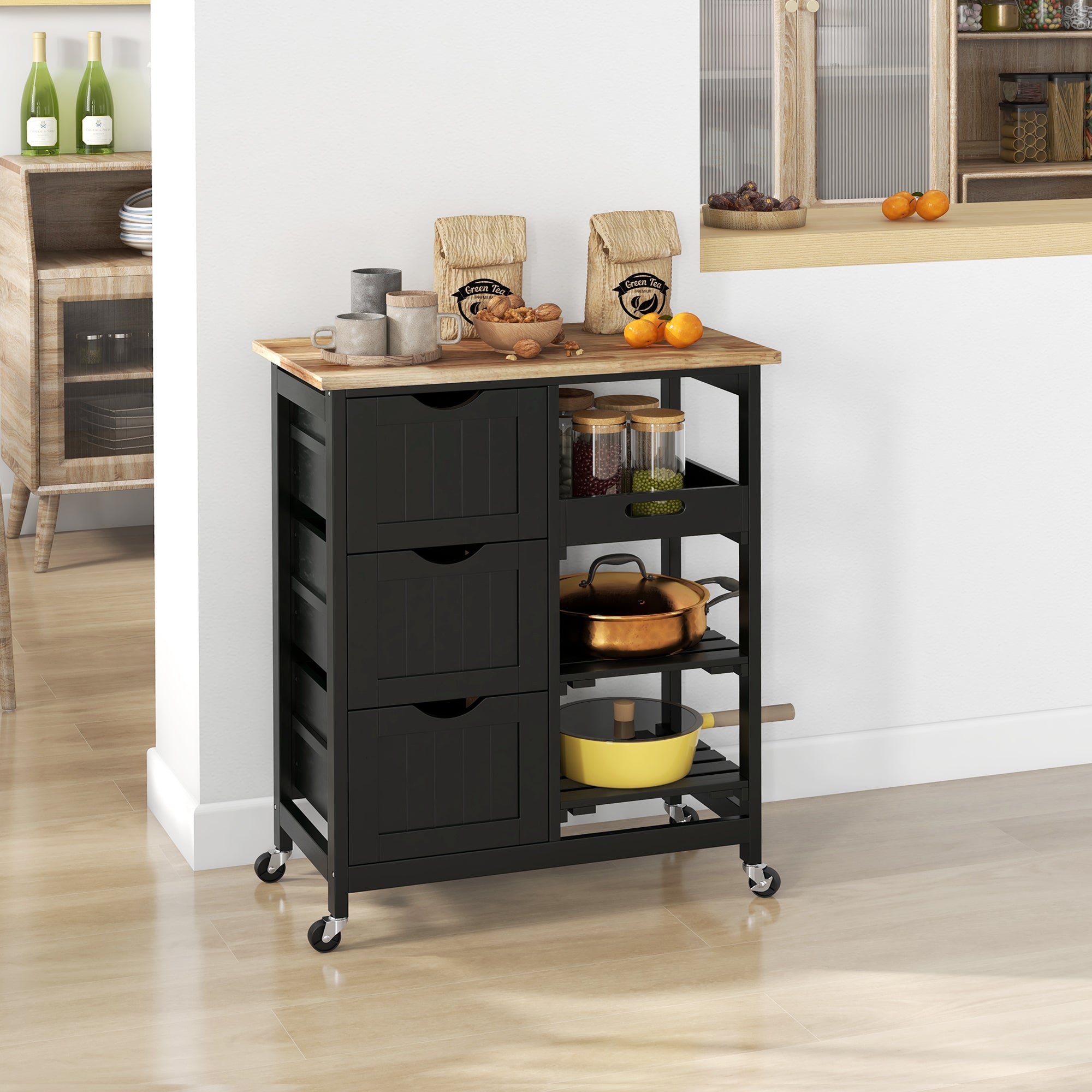 Rolling Kitchen Island Cart, Bar Serving Cart, Compact Trolley on Wheels with Wood Top, Shelves & Drawers for Home Dining Area, Black