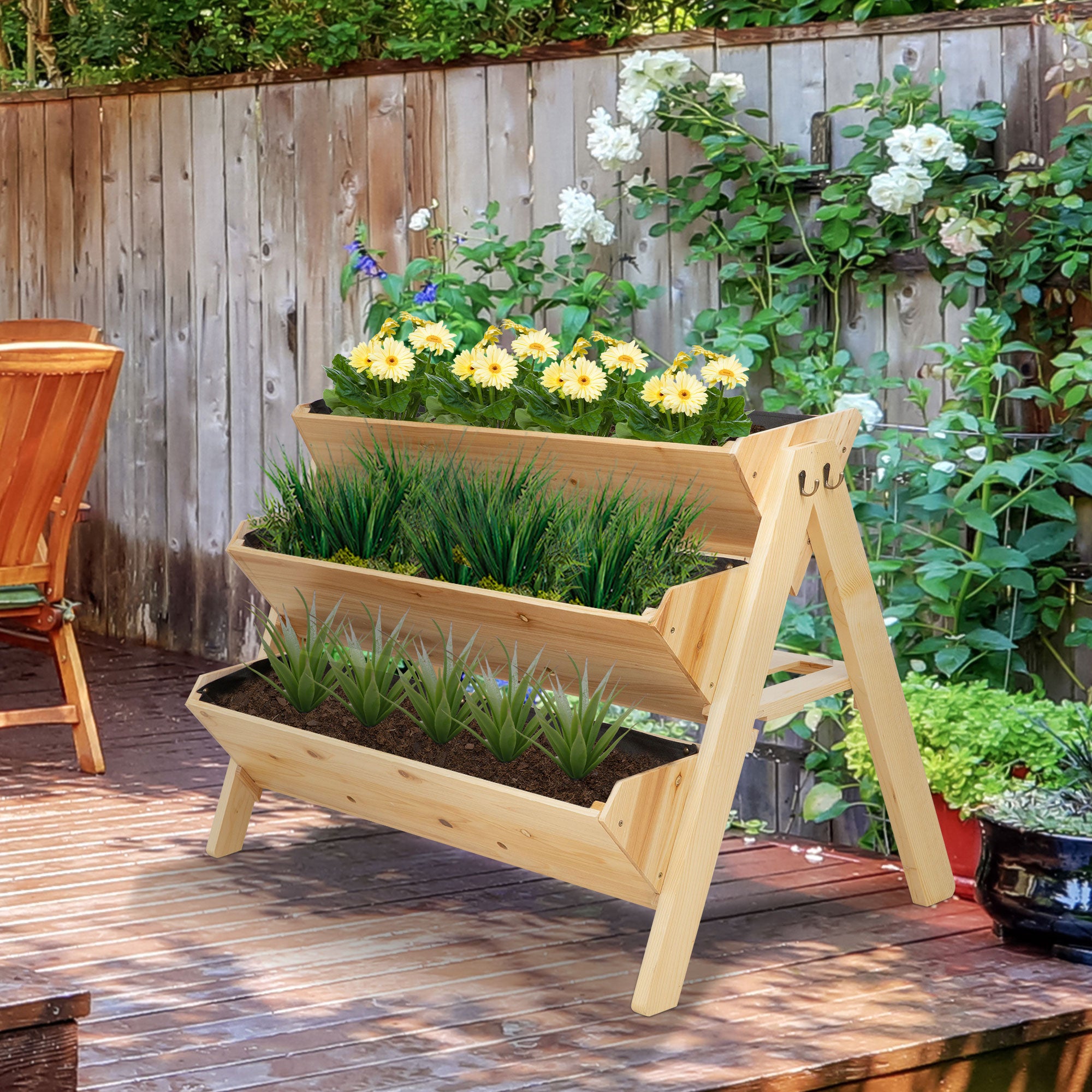 3 Tier Raised Beds for Garden, Wooden Planter Boxes with Clapboard and Hooks, 142L, 120 x 68 x 80cm