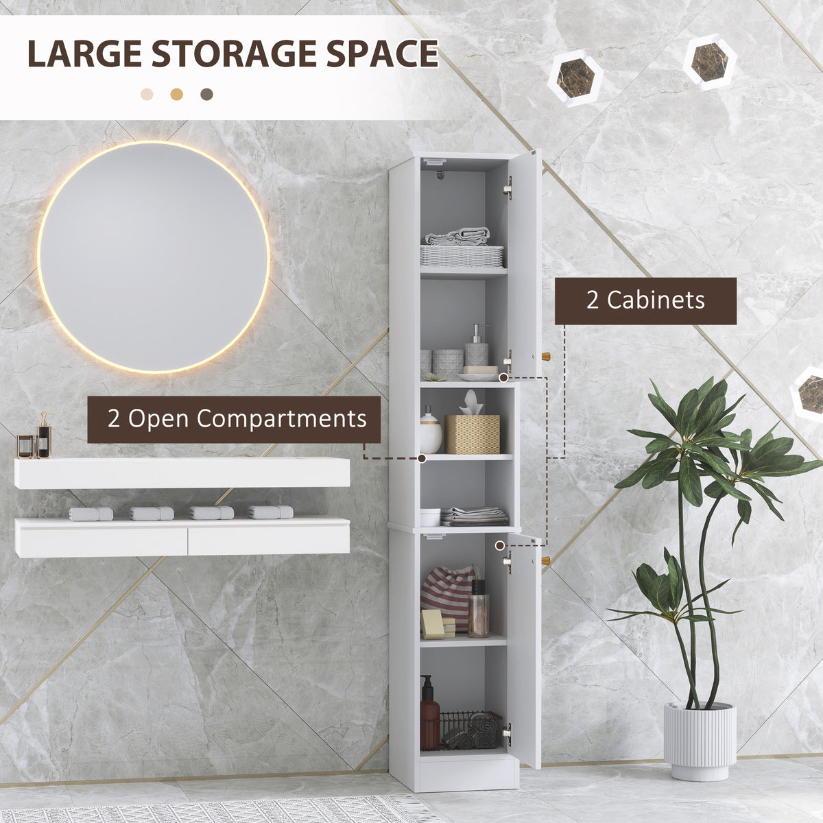 Tall Slim Freestanding Bathroom Storage Cabinet with Doors and Adjustable Shelves - White