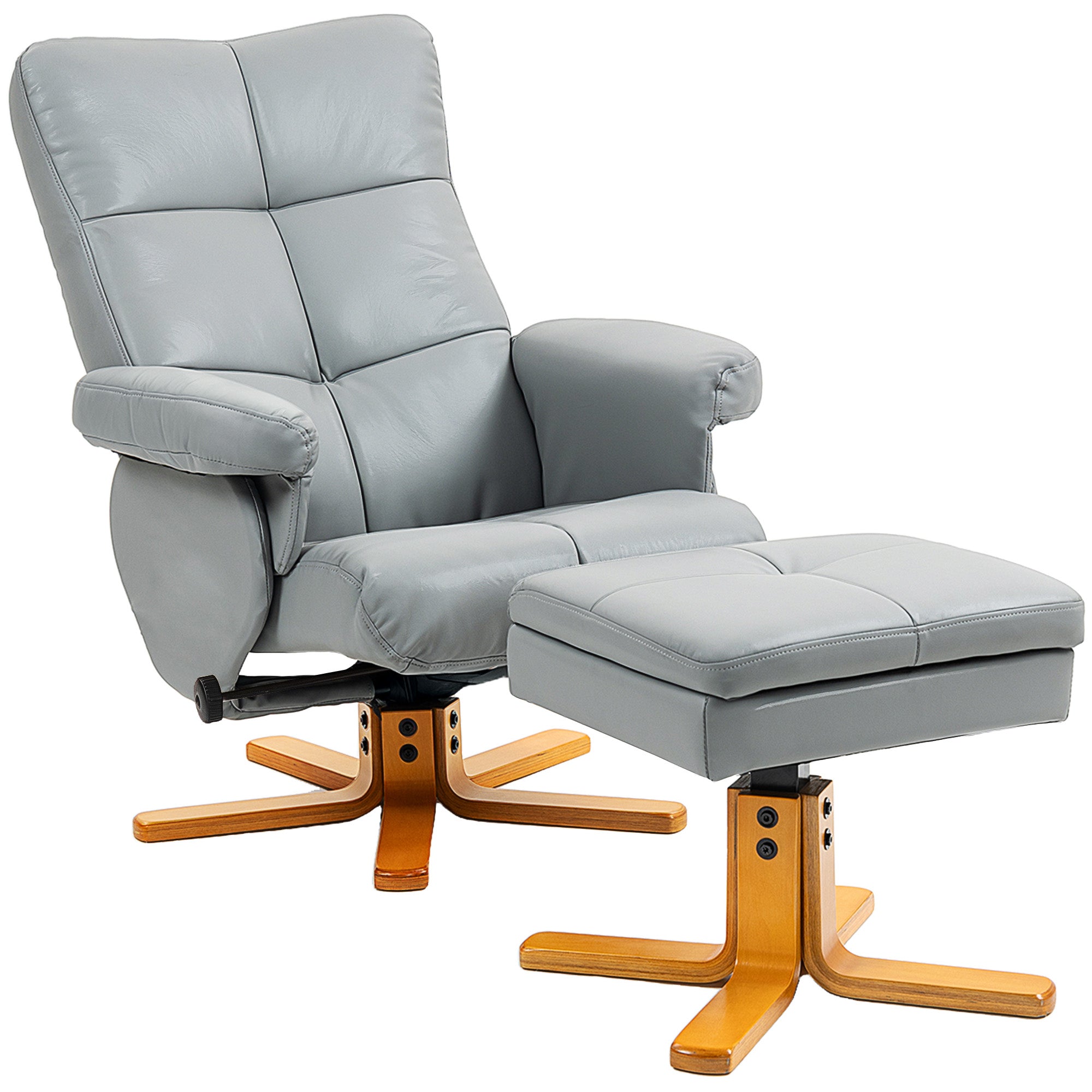PU Leather Swivel Recliner Chair with Footstool, Wooden Base and Storage for Living Room, Light Grey