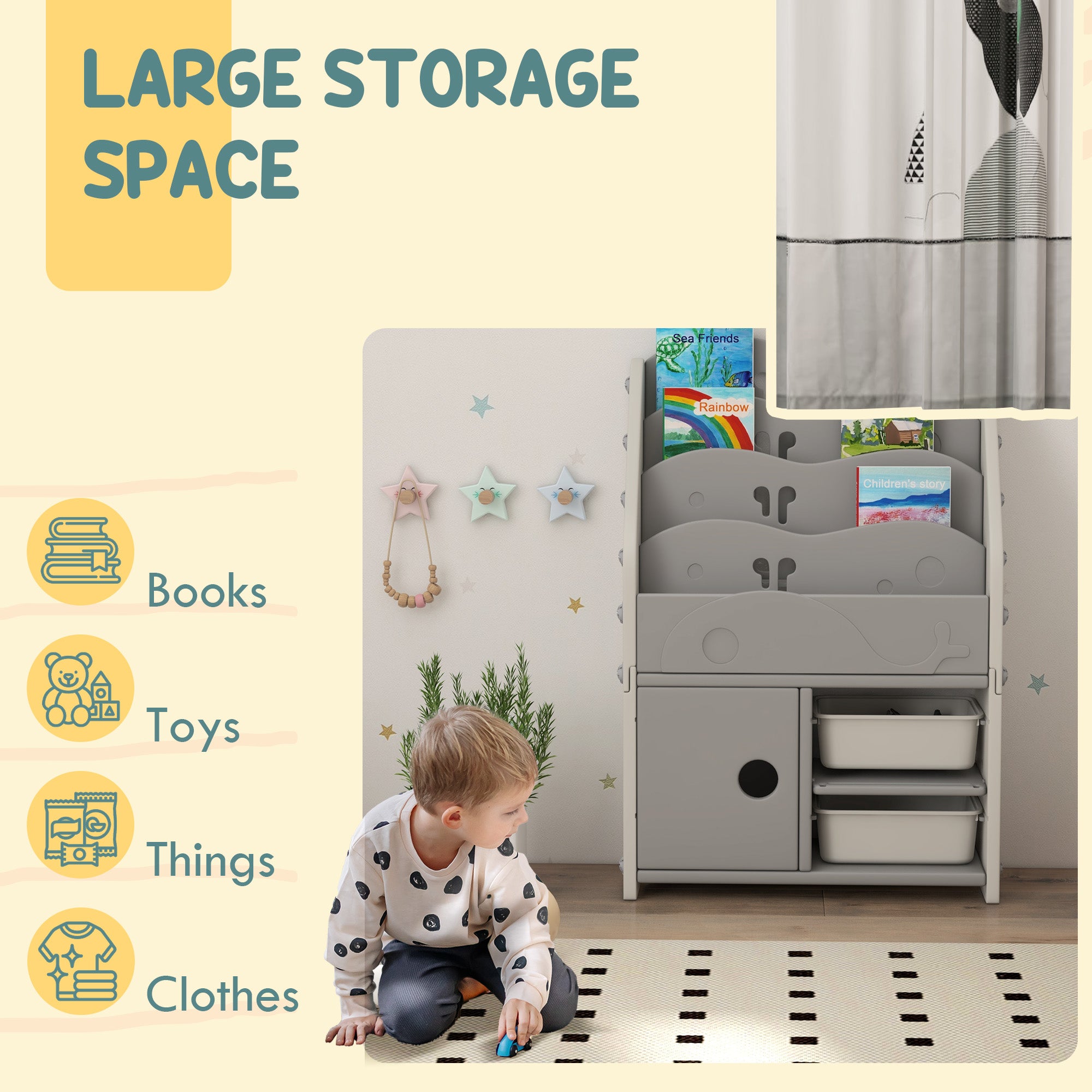 Kids Storage Units with 2 Storage Boxes, 4 Tier Bookshelf, Cabinet, 67 x 29 x 98cm Light Grey