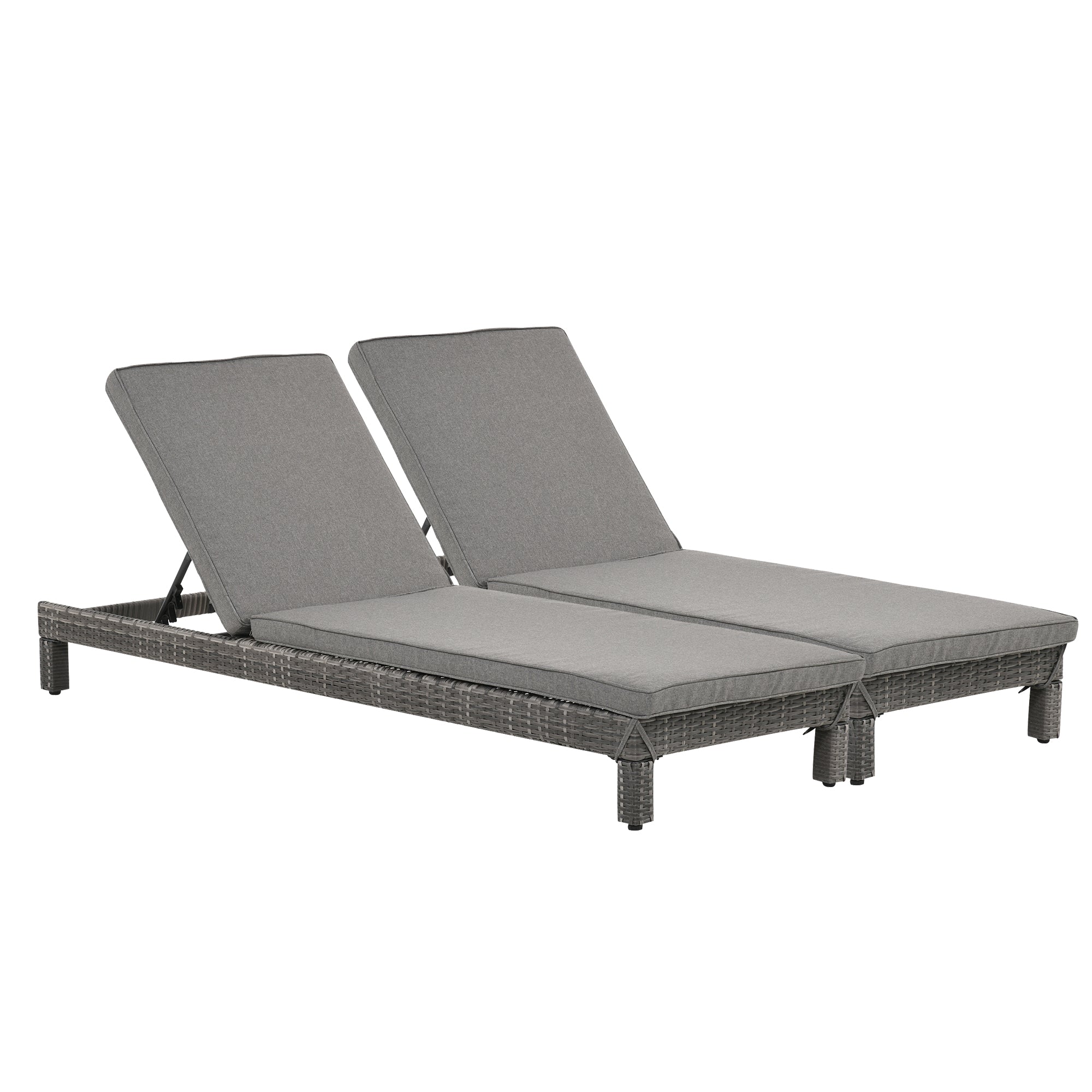 2 Seater Rattan Sun Lounger Set w/ Adjustable Steel Frame-Grey