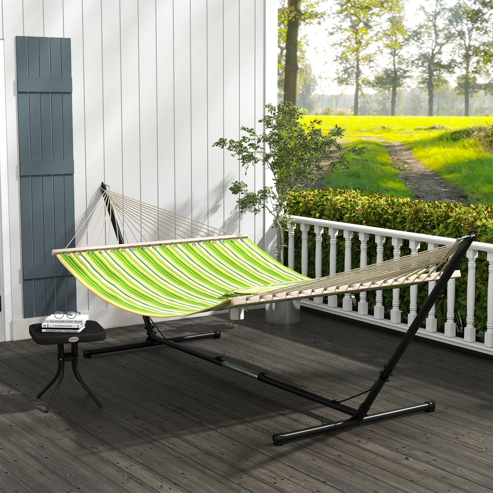 Outdoor Garden Hammock with Stand, Double Cotton Hammock with Adjustable Steel Frame, Swing Hanging Bed with Pillow, for Garden, Patio, Beach, Green Stripes