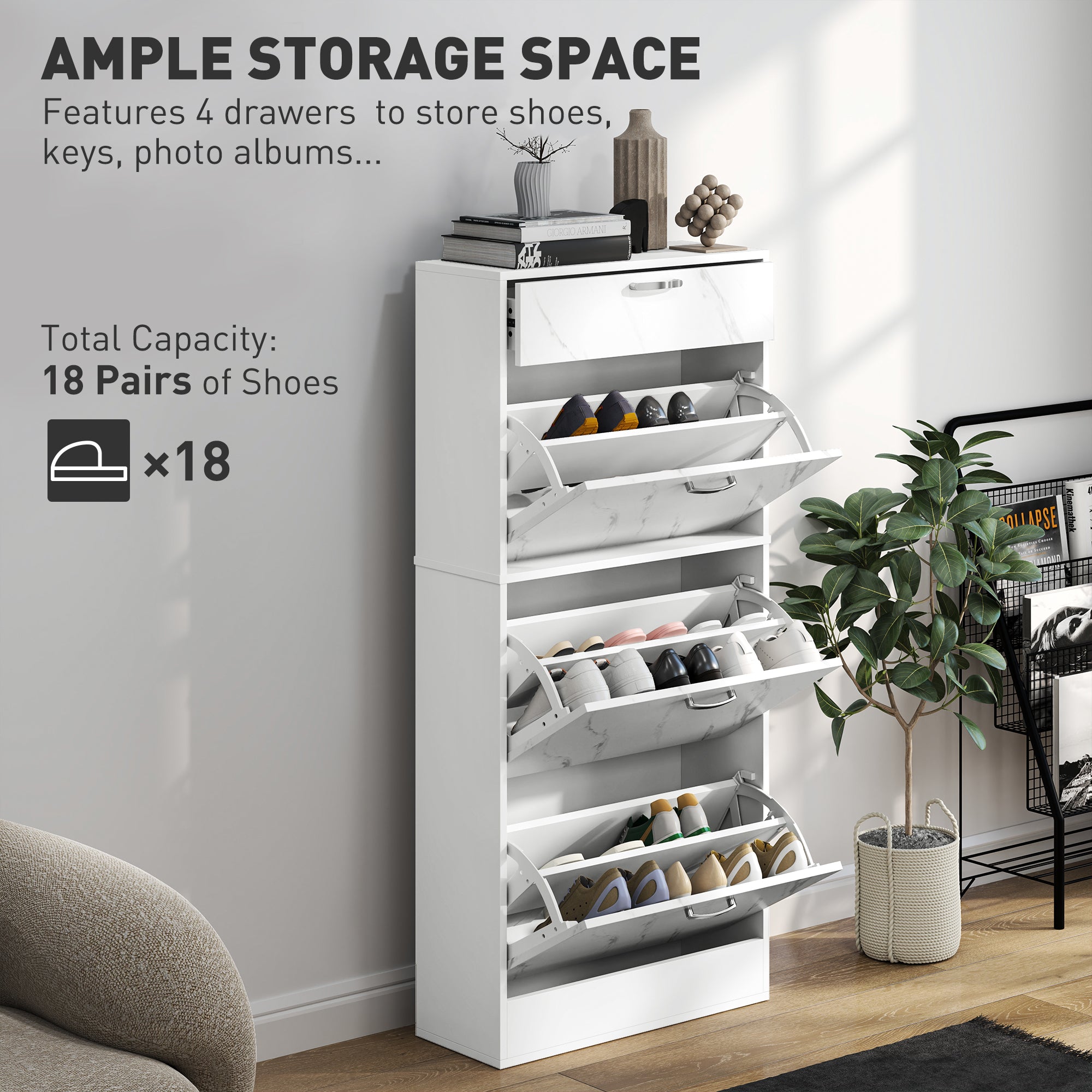 Marble Shoe Storage Cabinet with 3 Flip Drawers, Hallway Cabinet with Top Drawer and Adjustable Shelves, Shoe Cupboard for 18 Pairs, White