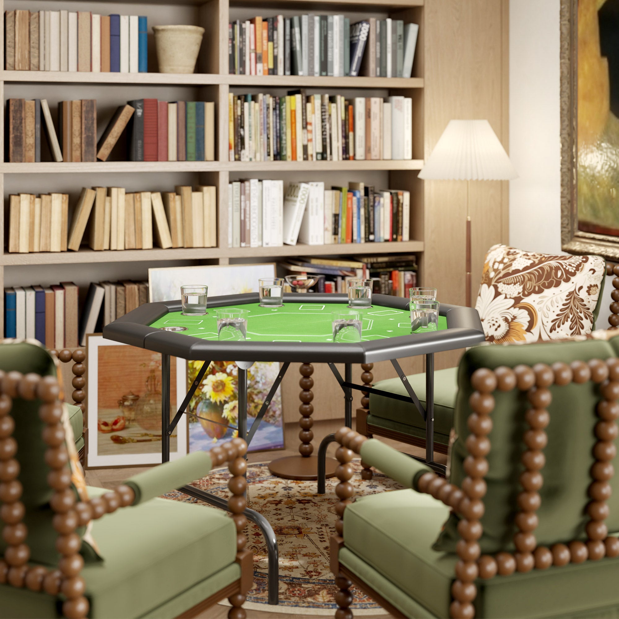 8 Player Folding Octagon Poker Table with Cup Holders and Padded Edge - Green