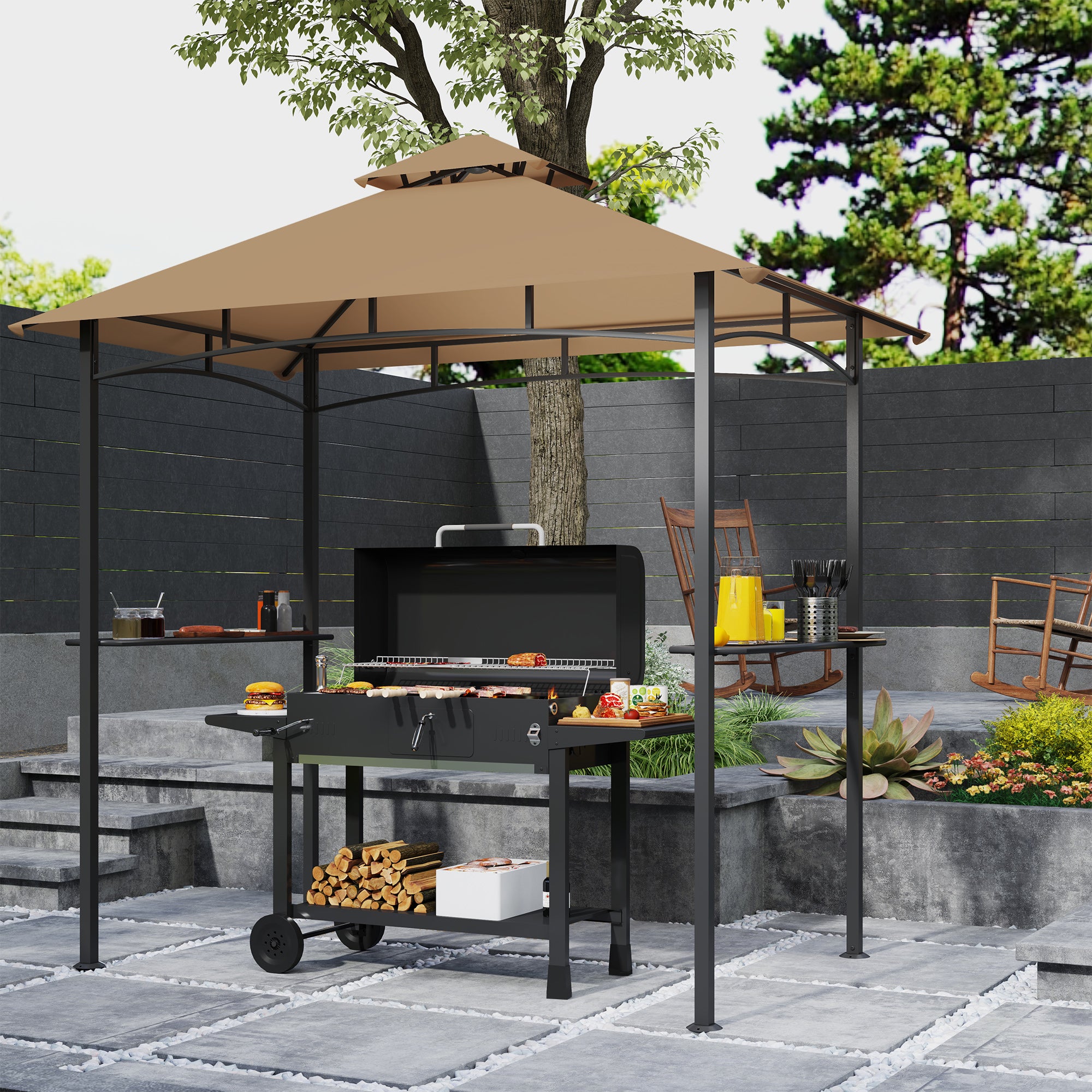 2.5 Metre Double Tiered BBQ Gazebo with Side Shelves - Khaki