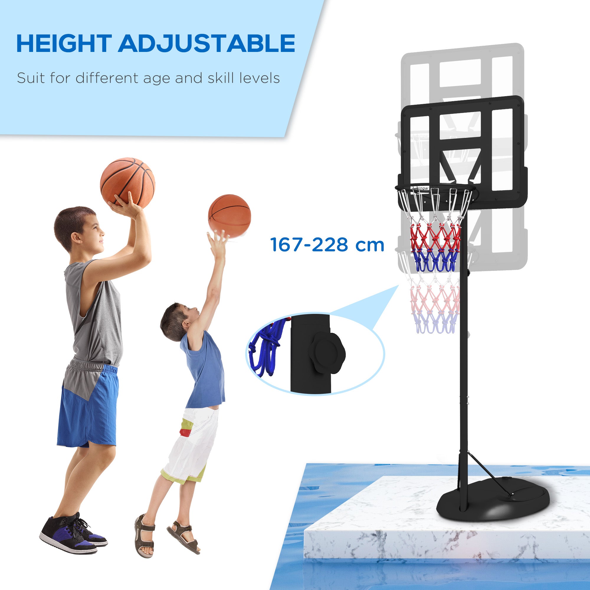 Height Adjustable Basketball System, Freestanding Basketball Hoop and Stand w/ Wheels, 167-228cm