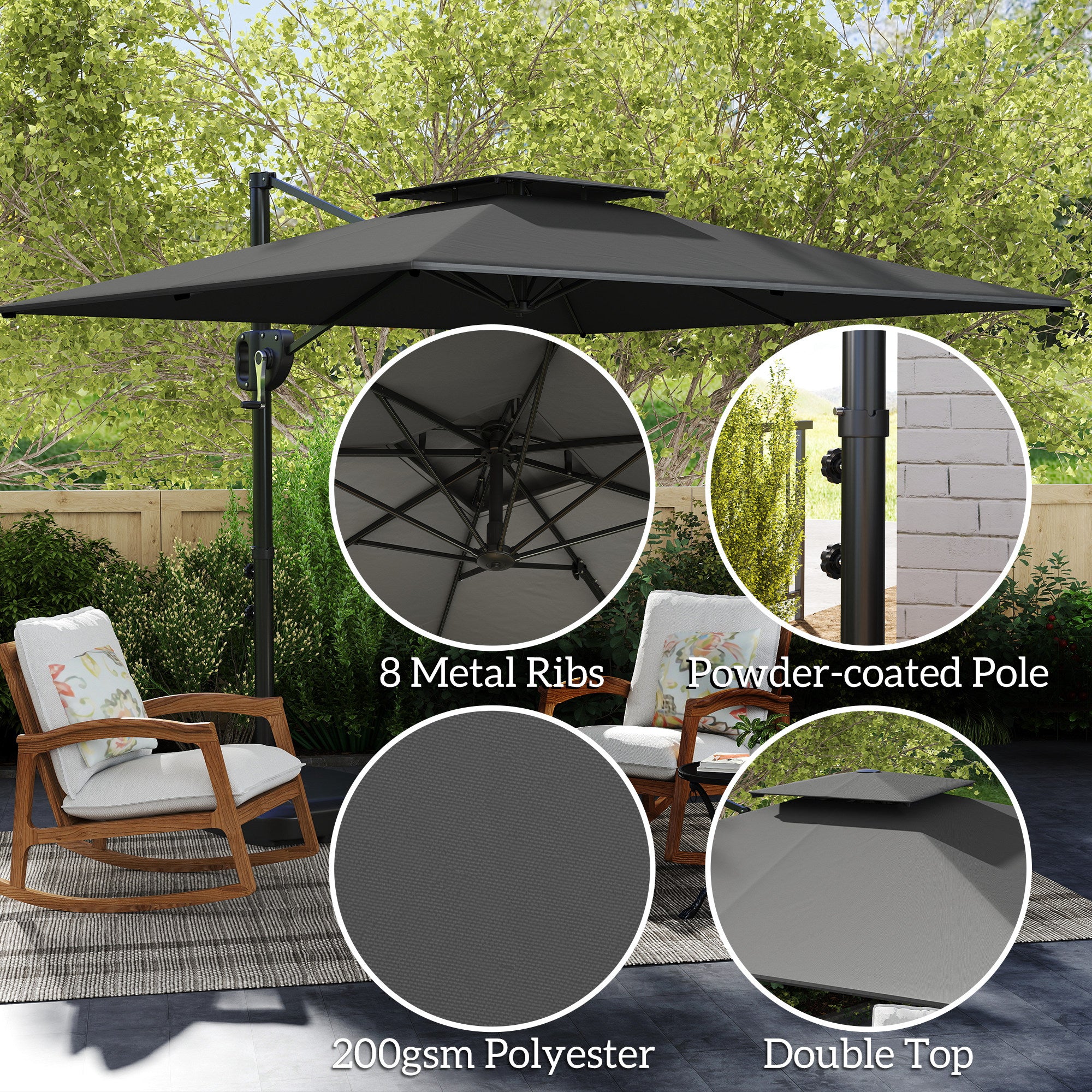 Cantilever Parasol with Weighted Base Double Top Garden Parasol Square Hanging Patio Umbrella with Crank Tilt Dark Grey