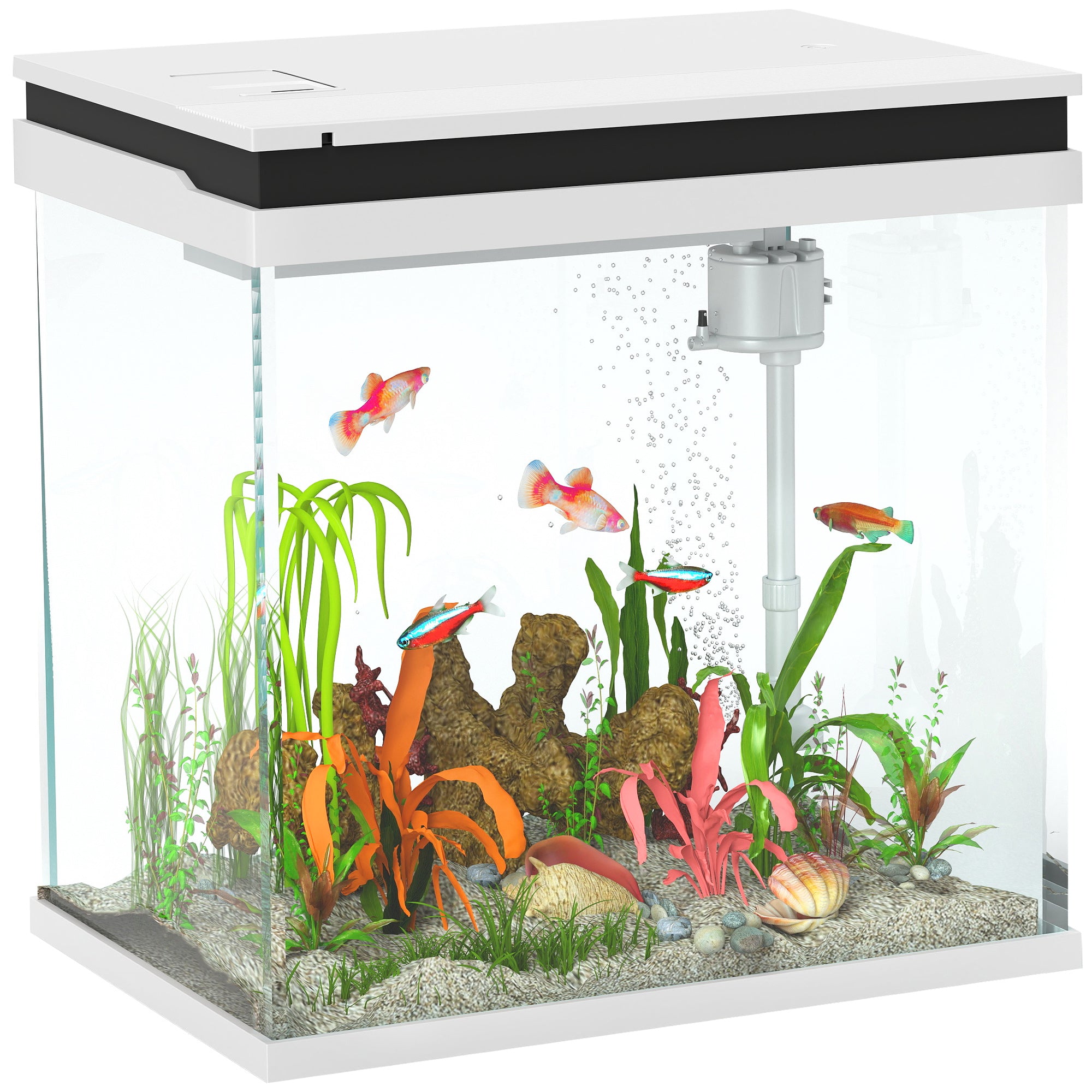 26L Glass Fish Tank with Filter System, LED Lights, Water Pump, White