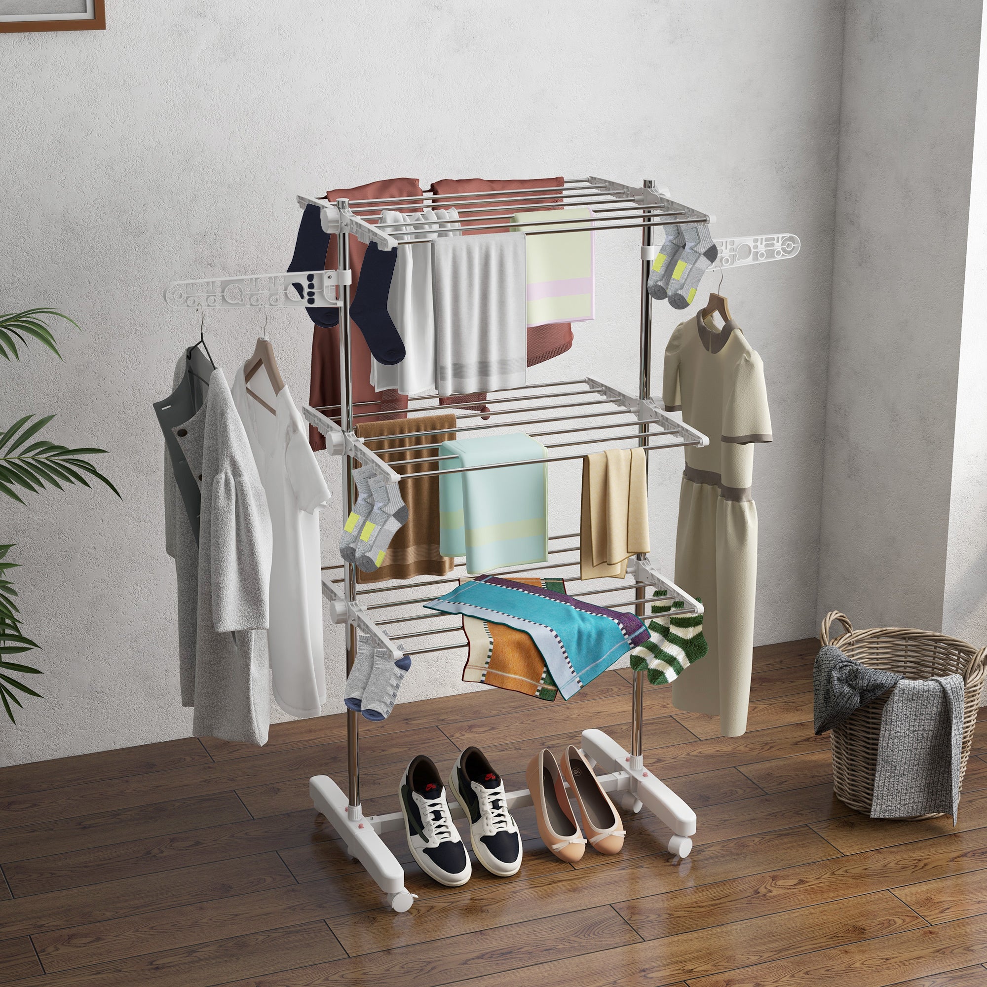 3-Tier Clothes Airer, Foldable Clothes Drying Rack, Stainless Steel Indoor and Outdoor Clothes Dryer with Wheels and Wings, Easy Assembly, 142 x 55 x 152cm, White