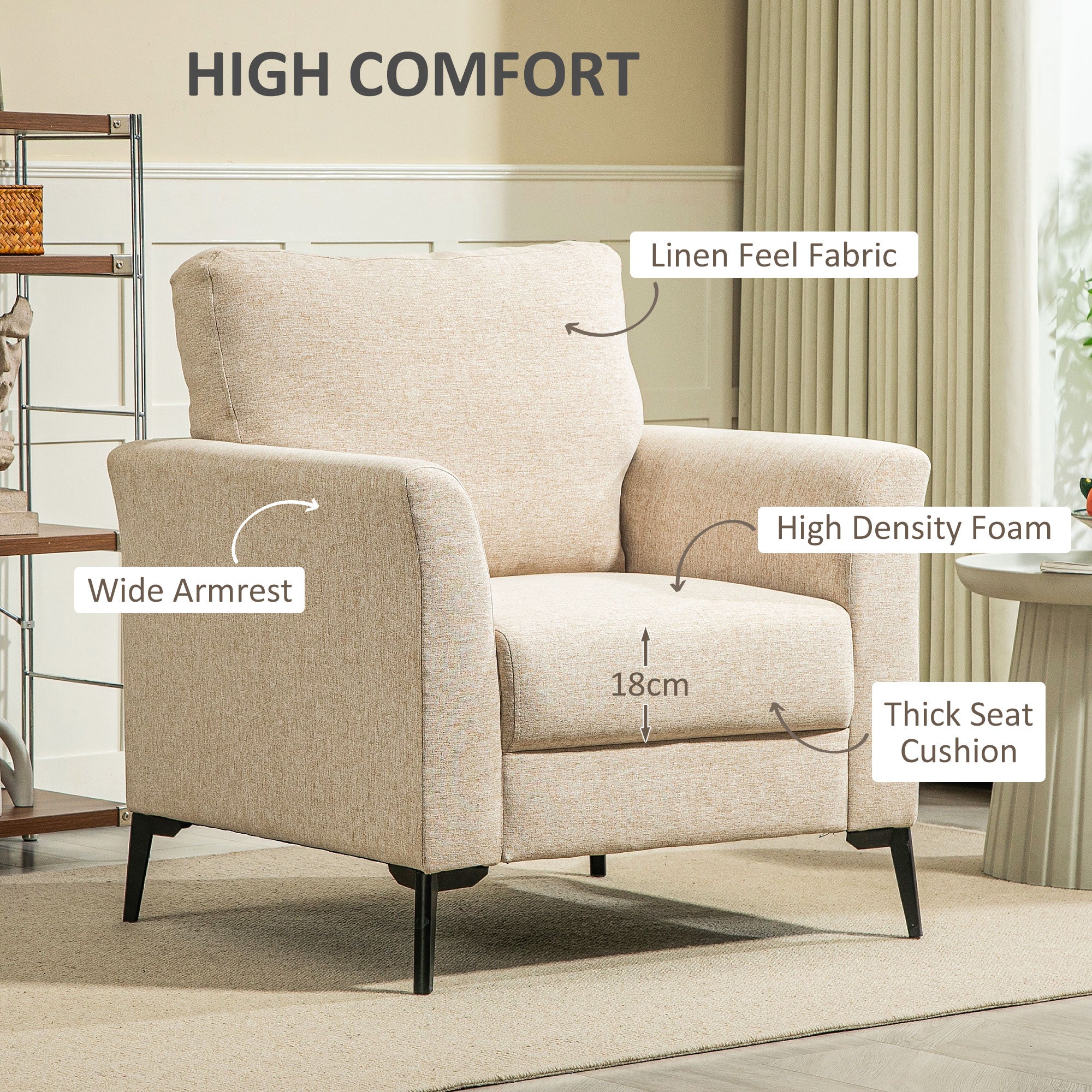 Modern Armchair, Linen Fabric Upholstered Accent Chair with Metal Legs, Wood Frame and Padded Cushion for Living Room Bedroom Office, Beige