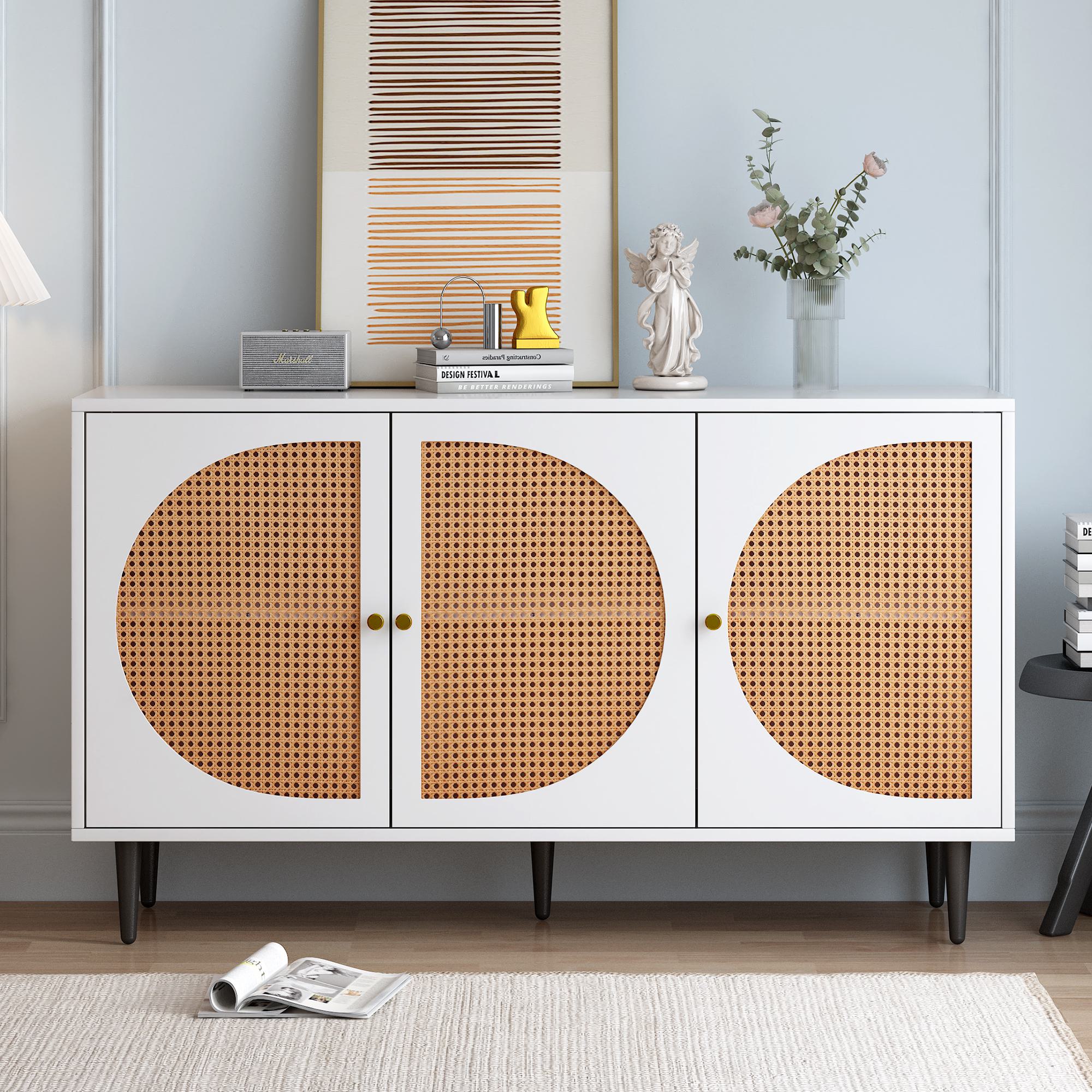 Versatile Rattan Sideboard with 3 Doors and Metal Handles, Storage Cabinet for Living Room and Office, 130L x 40W x 76H cm, White
