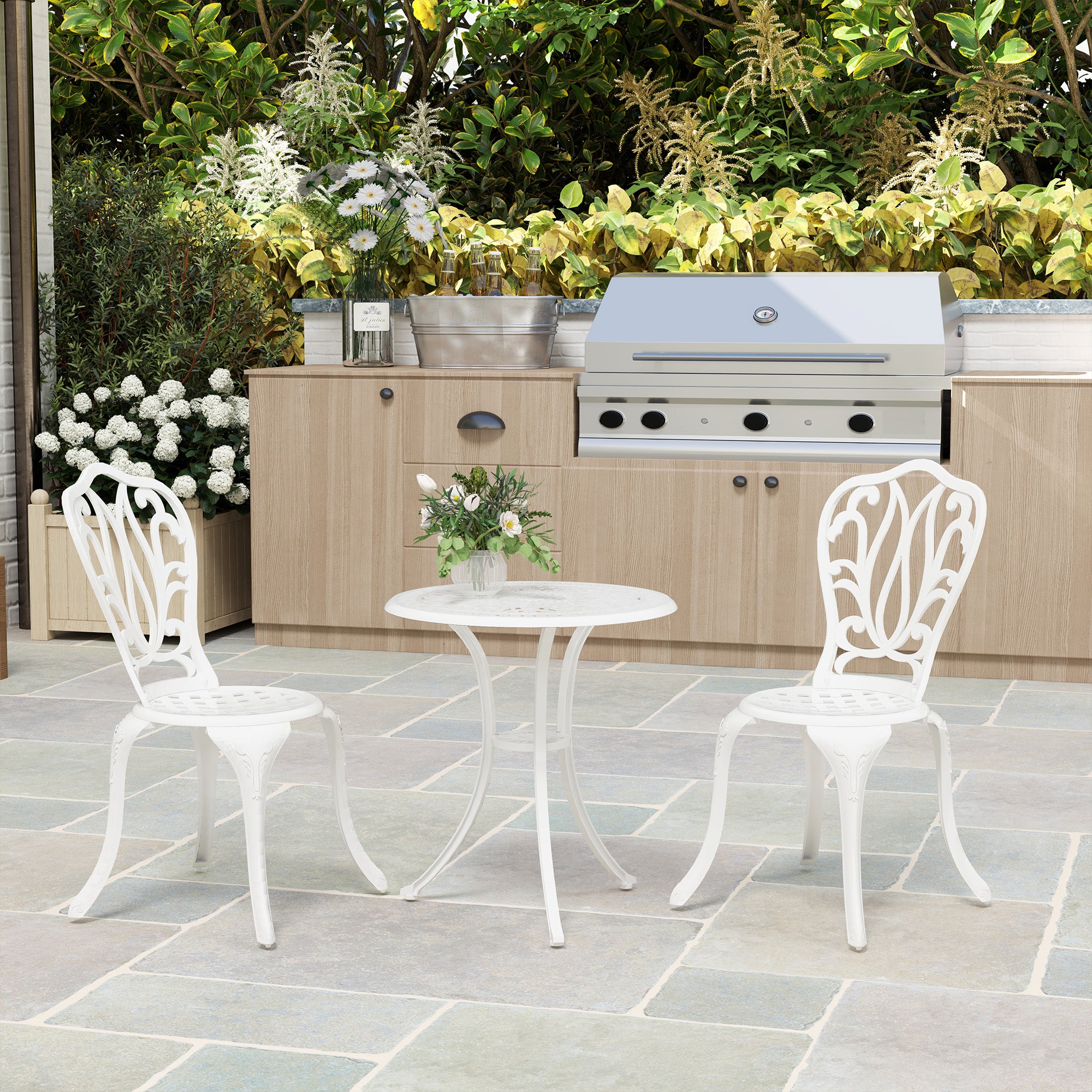 3 Piece Cast Aluminium Garden Bistro Set with Umbrella Hole - White