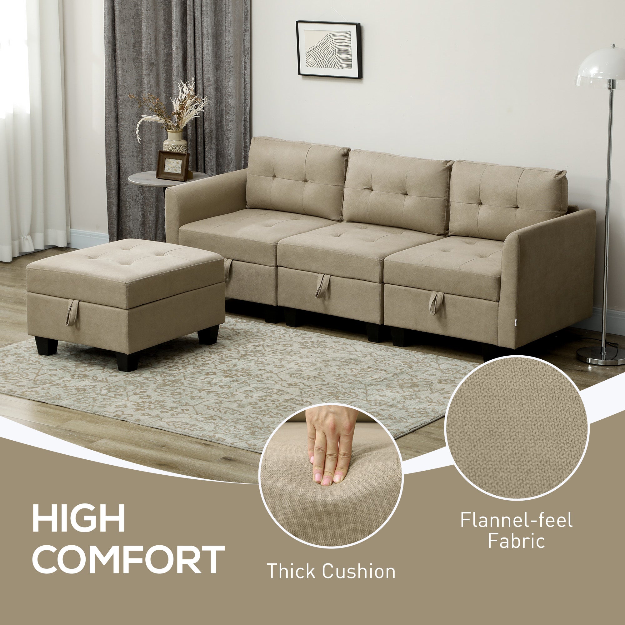 'L' Shape Modular Sofa, with Storage - Light Brown