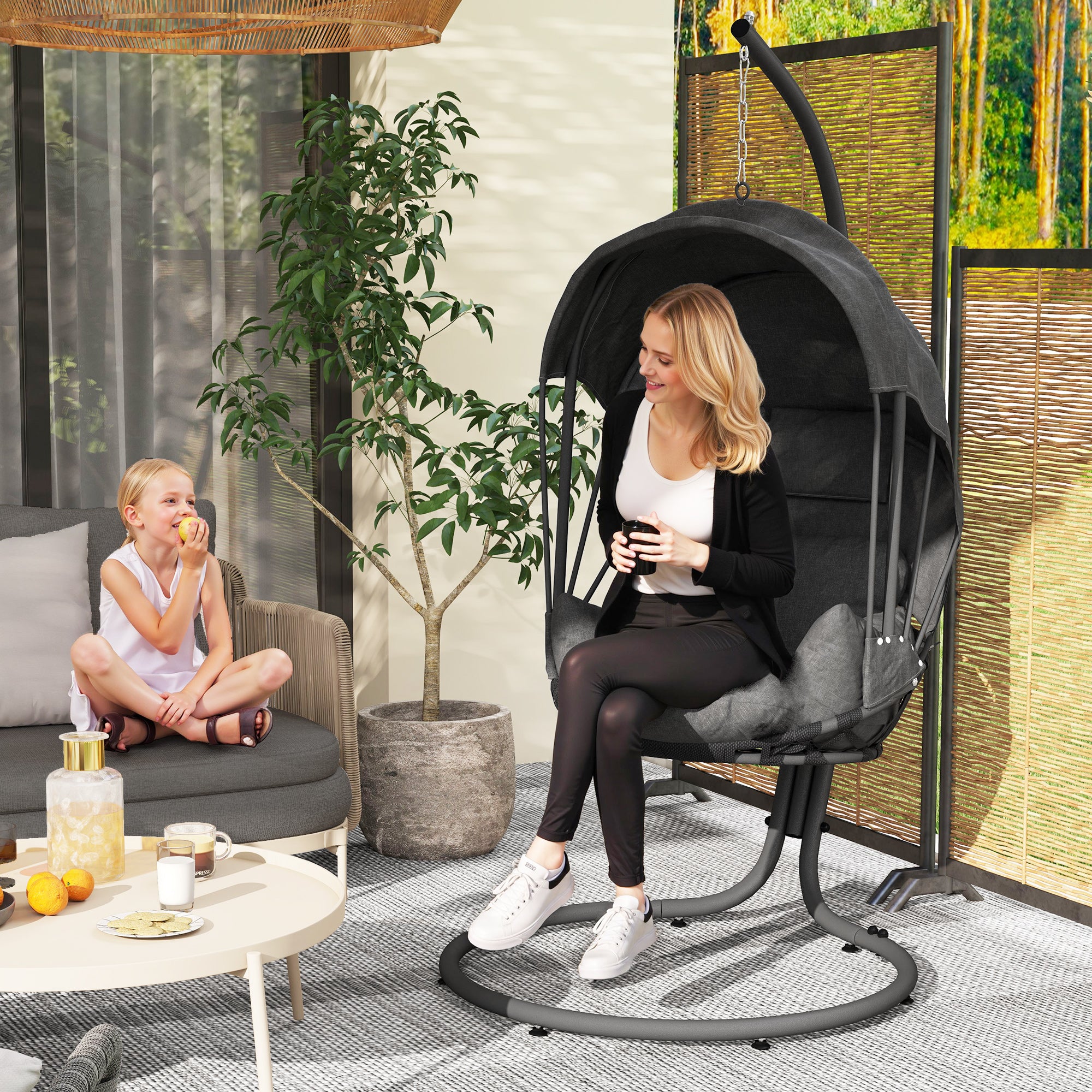 Hanging Egg Chair Swing with Stand and Cushion Grey