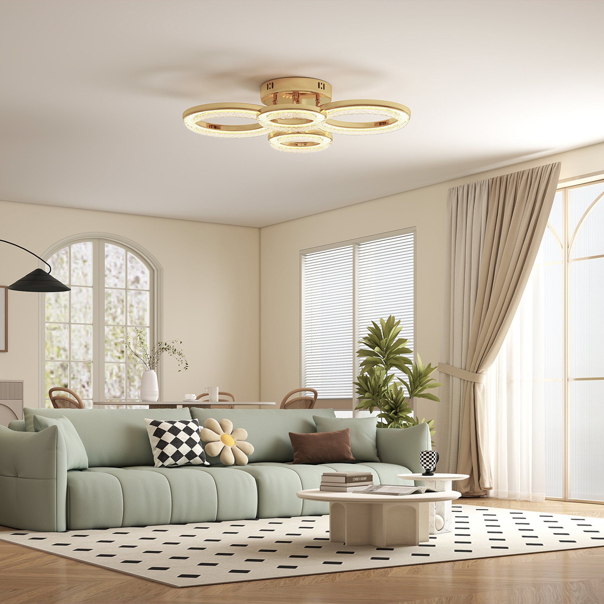 LED Ceiling Light, Modern Dimmable 4 Rings Ceiling Lamp with Wall Switch, 40W 4350lm Flush Mount Ceiling Light with 3500K/4500K/6000K Colour Temperatures for Living Room, Bedroom, Gold Tone