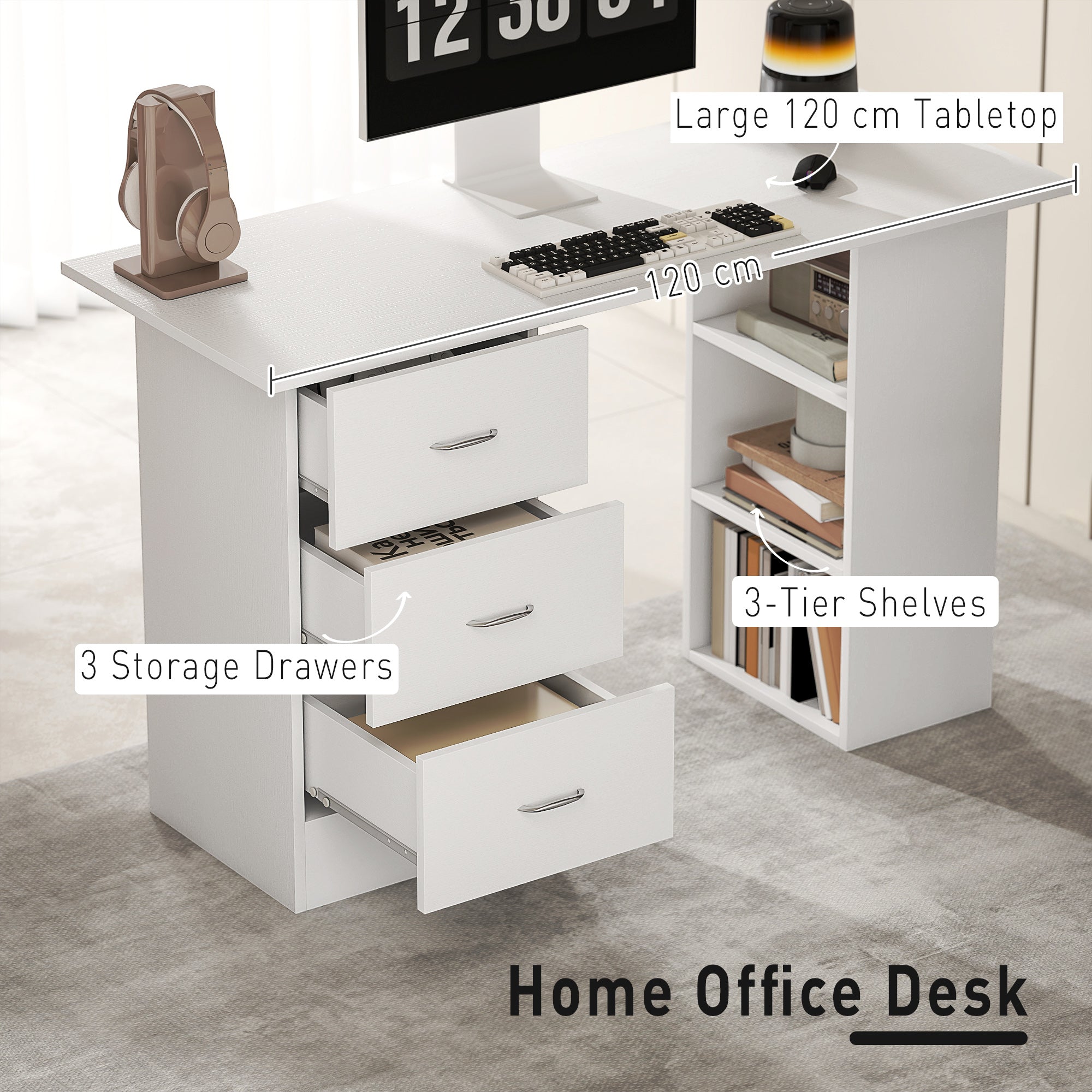 Computer Desk, Home Office Desk, Writing Table, PC Workstation with 3 Storage Shelves and 3 Drawers for Working, Study, 120 x 49 x 72 cm, White