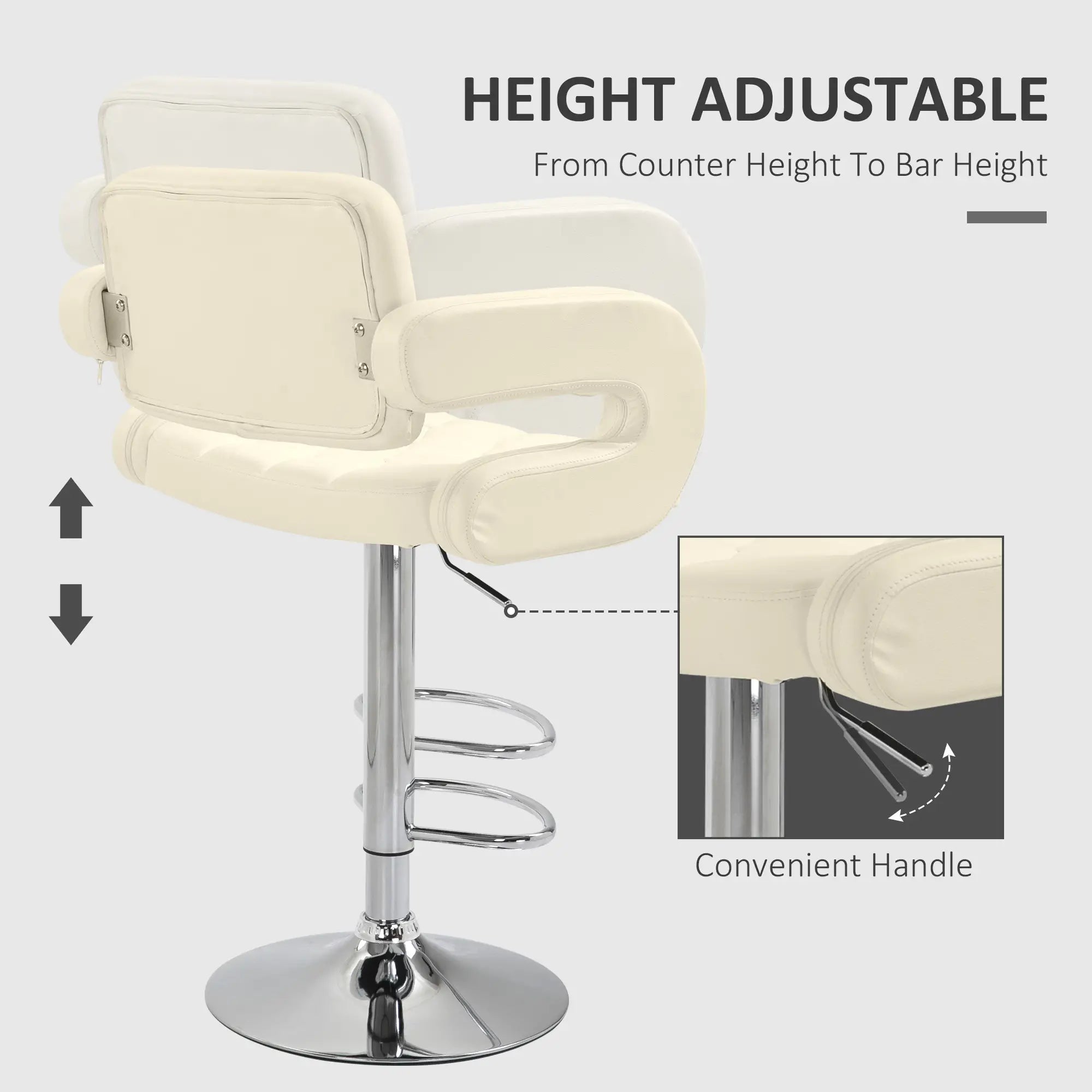 PU Leather Adjustable Swivel Bar Stool with Back, Armrest & Footrest - Cream White