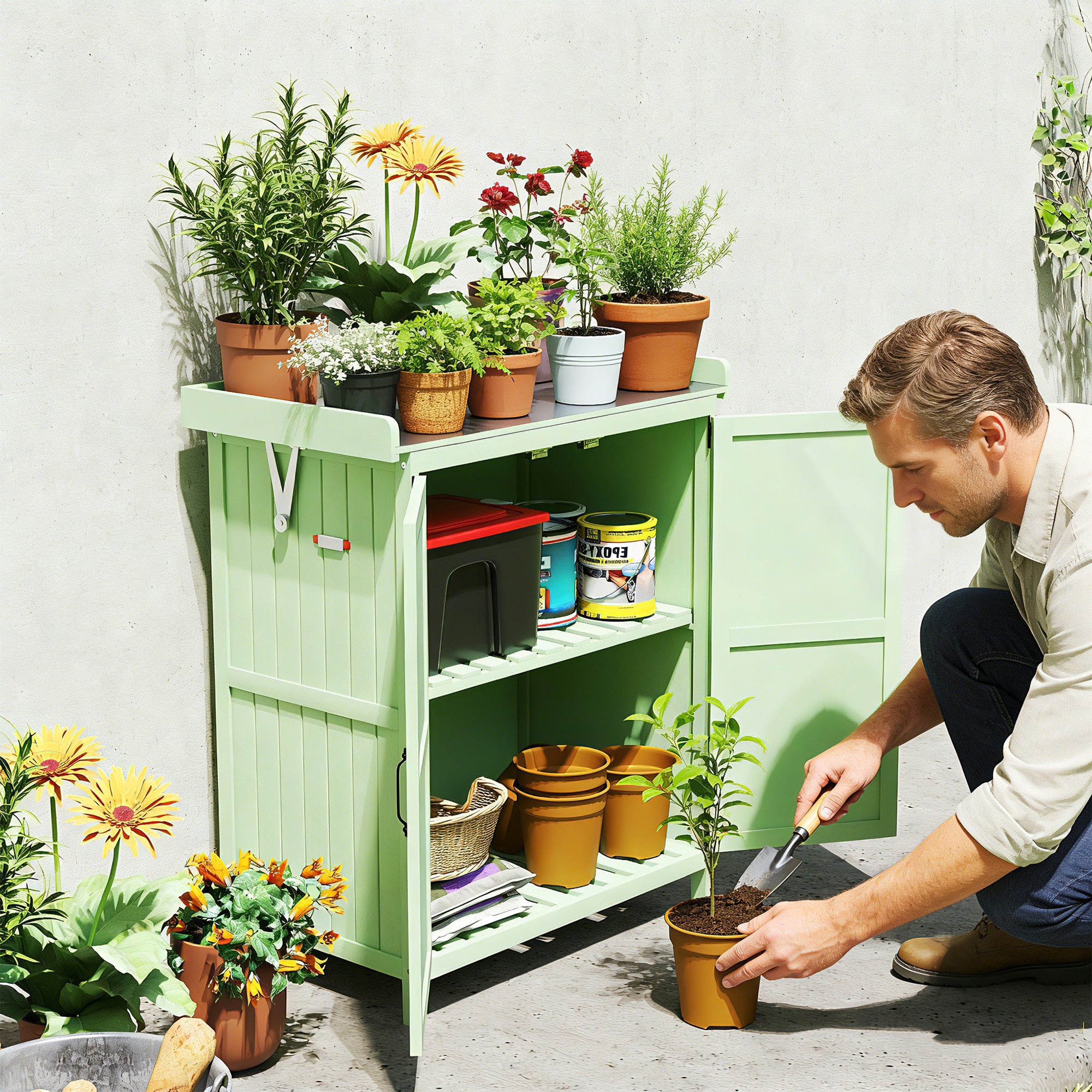 Wooden Garden Shed, Garden Tool Storage Shed with Hinged Roof and Shelf, Outdoor Storage Cabinet with Double Doors, Light Green