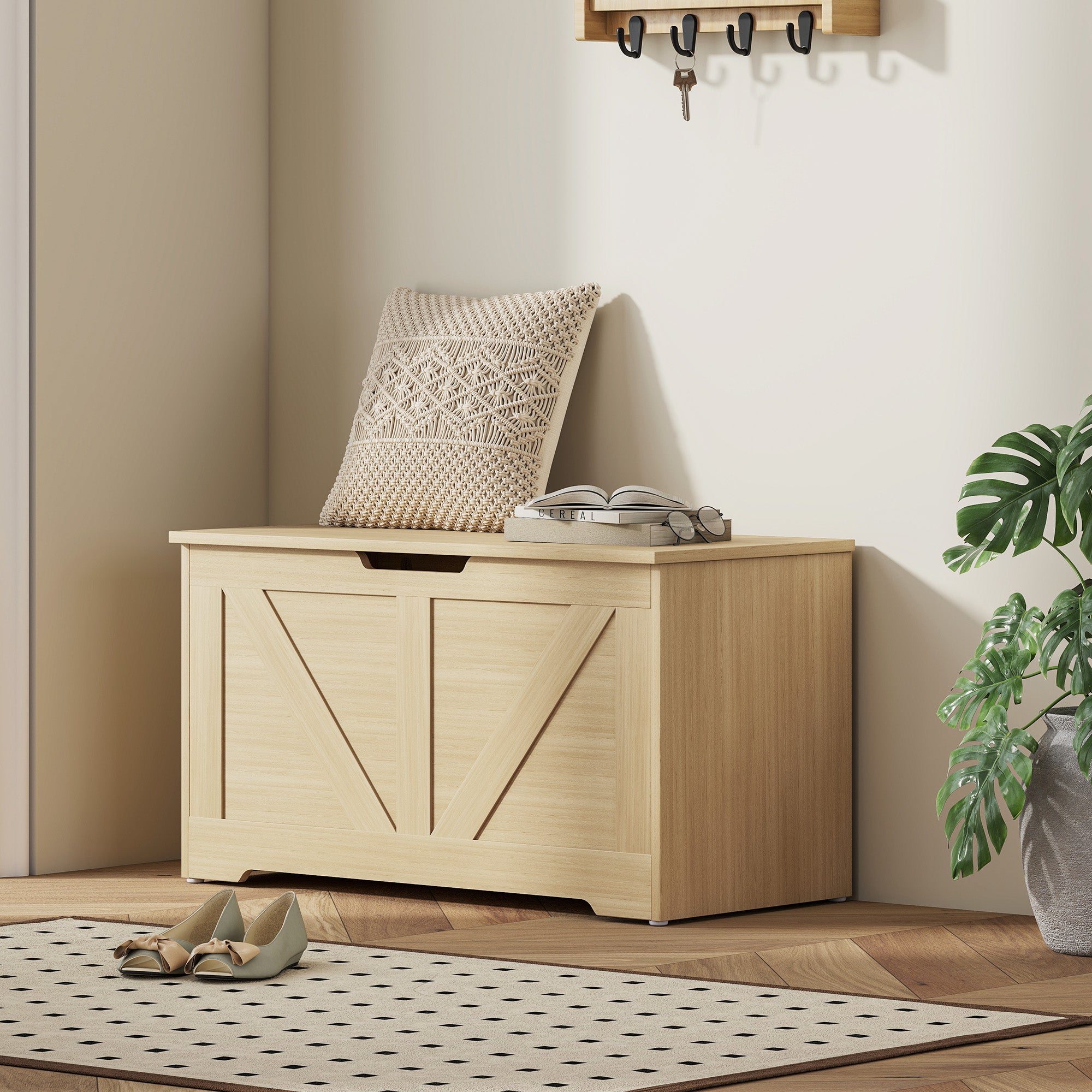 100L Home Storage Box, with Safety Hinges - Natural Wood Finish