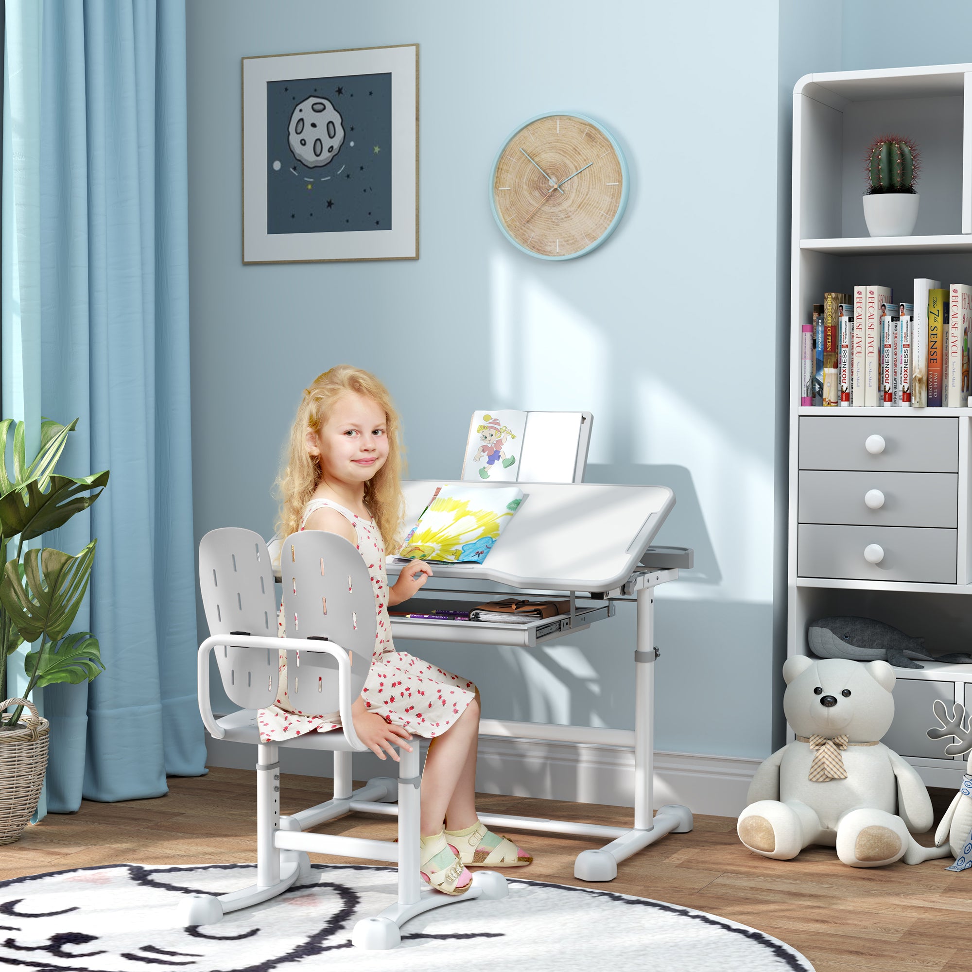 Height Adjustable Kids Desk and Chair Set, School Study Writing, Reading Table Chair Set w/ Tilted Desktop, Grey