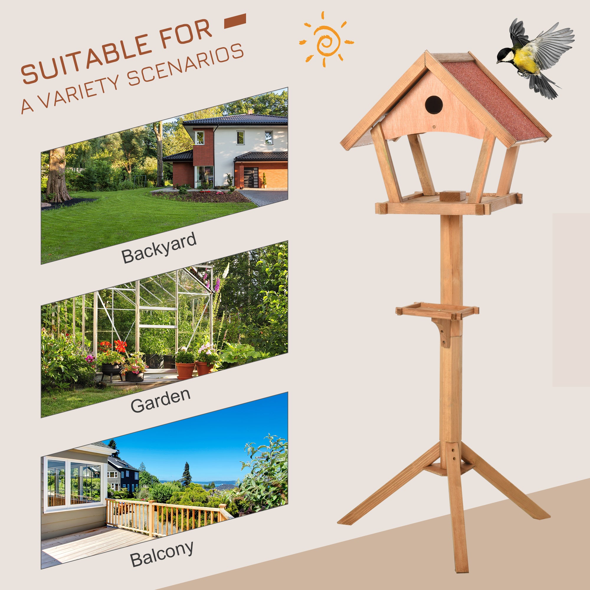 Wooden Bird Table Freestanding Feeding Station for Garden Outside ,139H cm, Natural