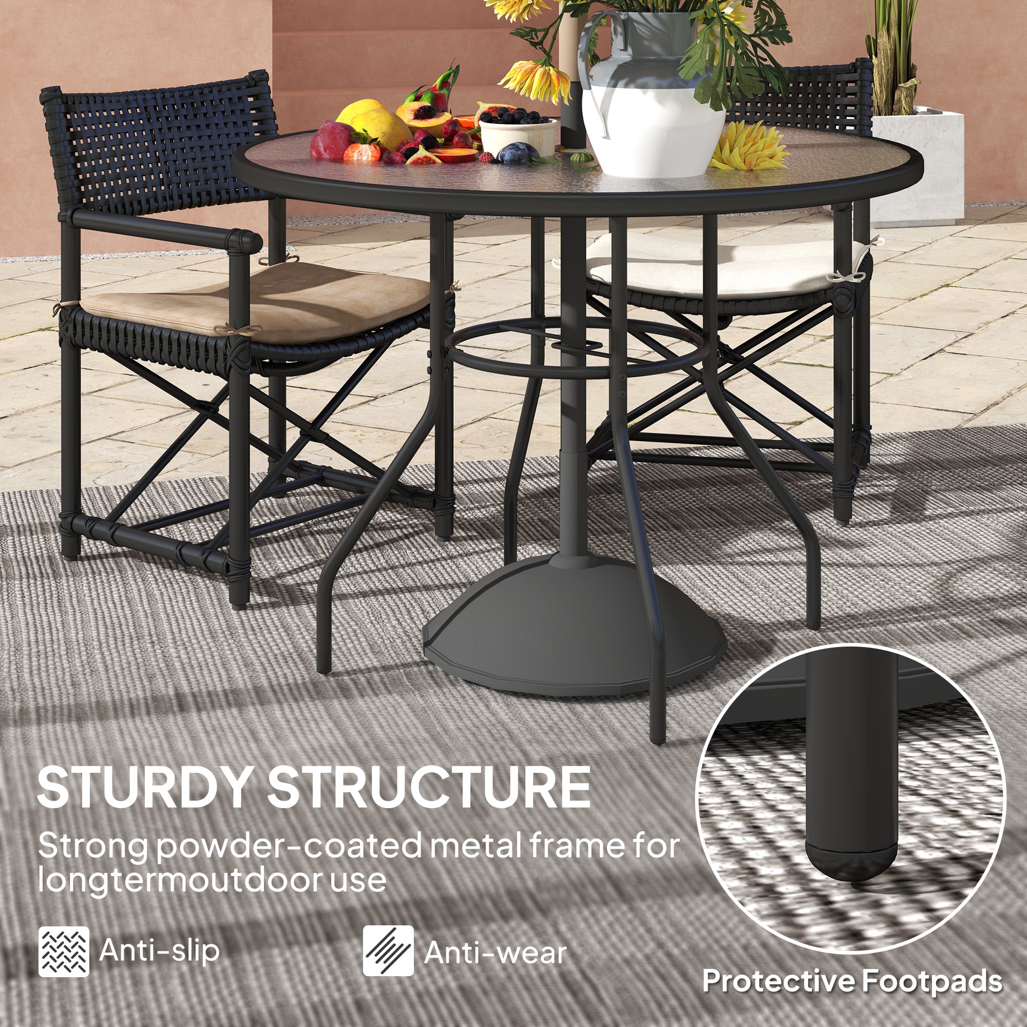 1 Piece Glass Top Garden Table with Parasol Hole - Black