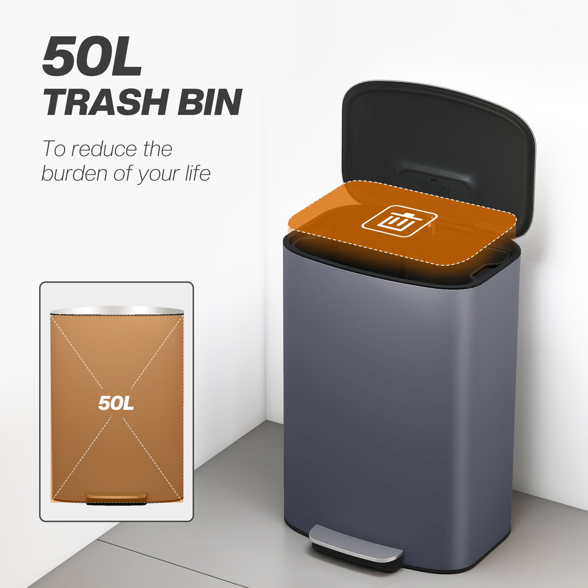 50L Kitchen Bin with Soft-Close Lid and Stay-Open Function, Stainless Steel Pedal Bin with Removable Inner Bucket, Carry Handle for Kitchen, Office, Home, Grey