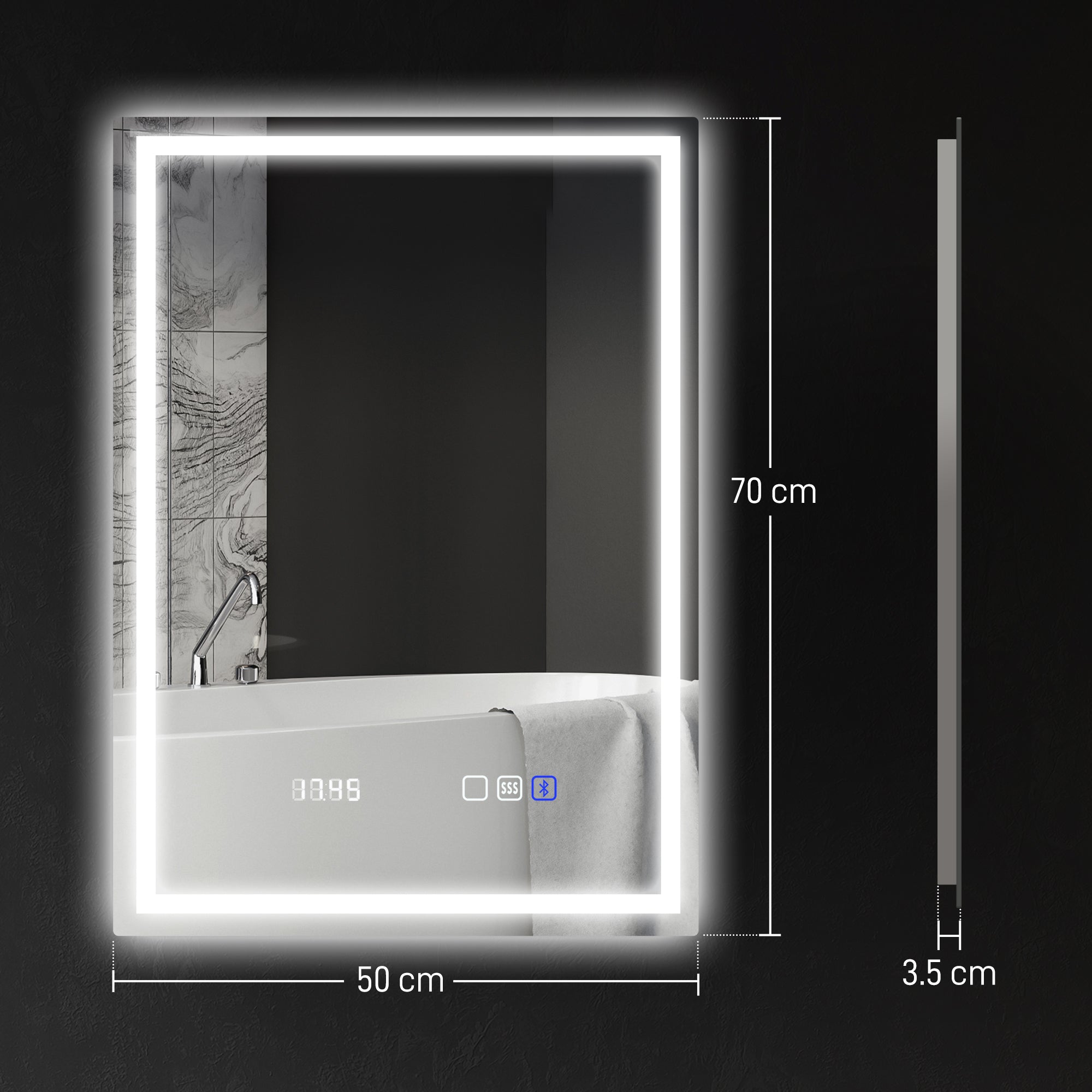 50 x 70 cm Anti-Fog LED Bathroom Mirror, with Bluetooth and Clock - Silver Tone