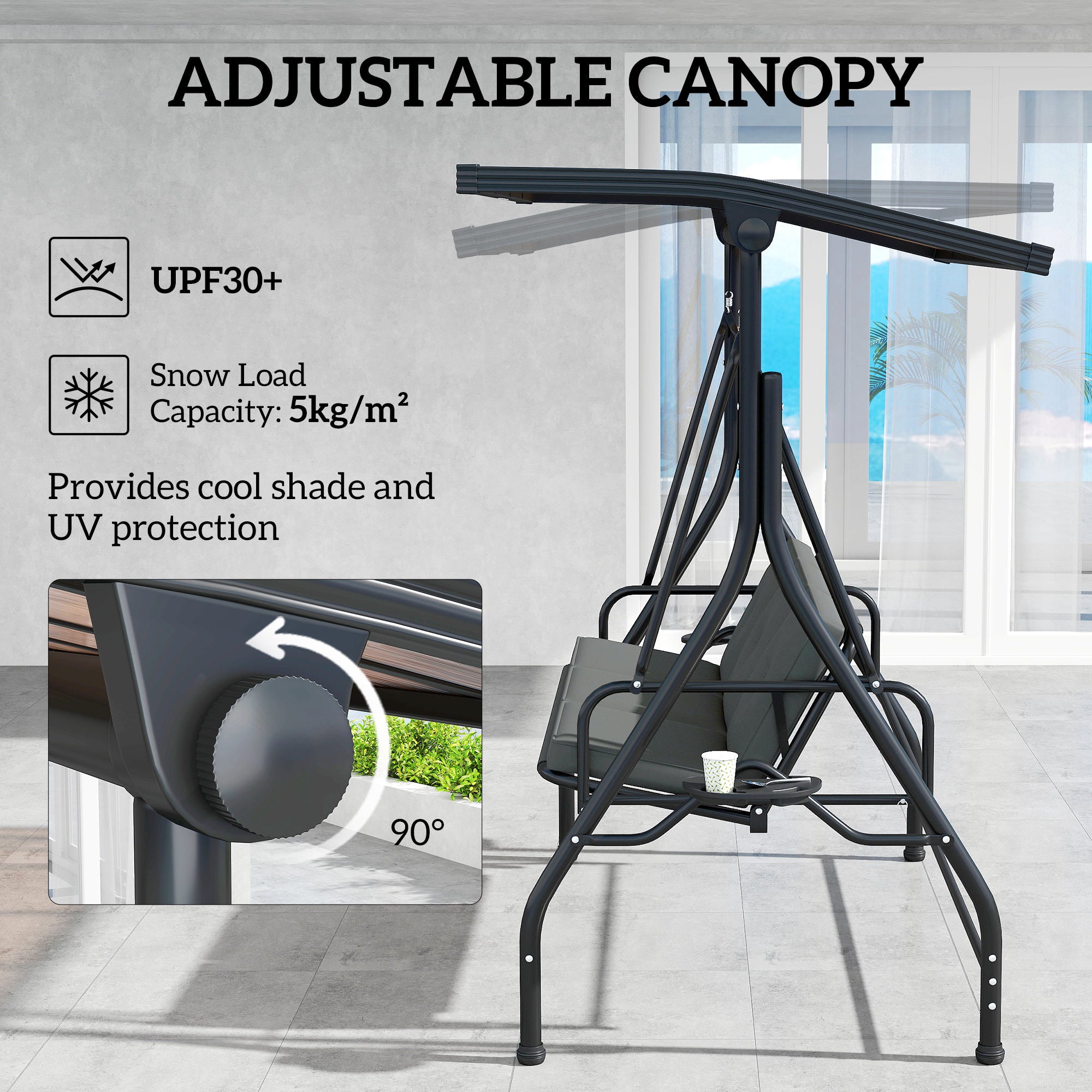 Convertible Three-Seater Swing Bench with Adjustable Canopy and Cup Trays - Dark Grey