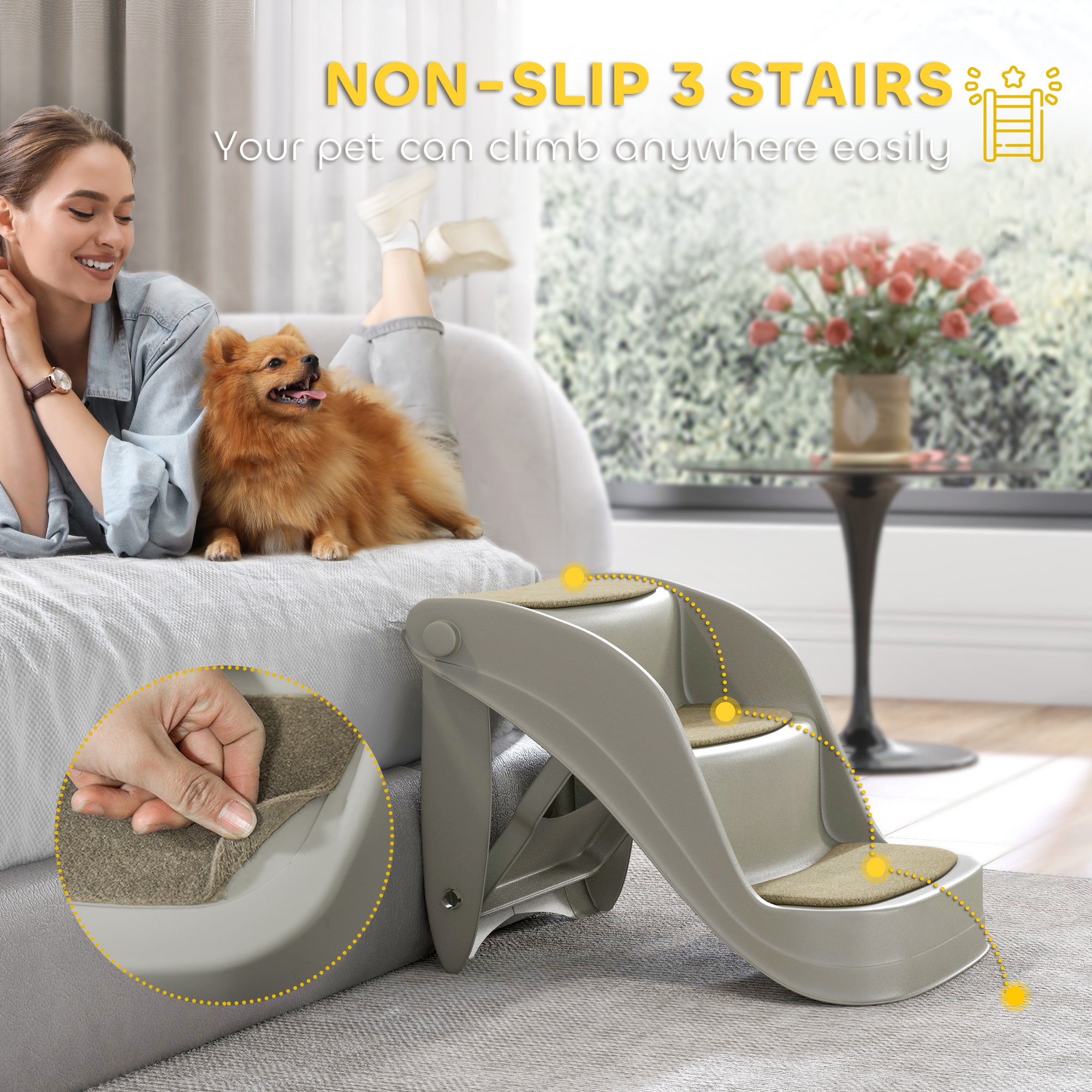 Foldable Pet Stairs 3 Steps with Non-slip Mats for Small Dogs, Grey