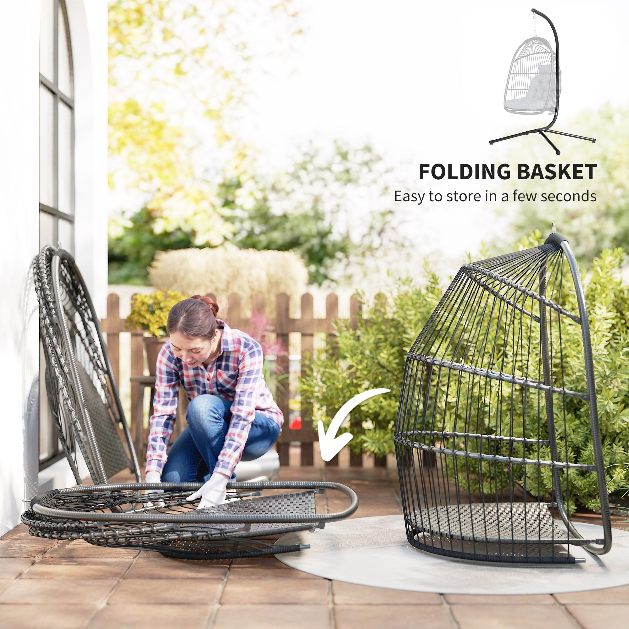 Rattan Hanging Egg Chair with Stand, Foldable Wicker Swing Egg Chair with Cushion, Head Pillow, Steel Frame, Hammock Chair for Indoor Outdoor, Capacity 150 kg, Dark Grey
